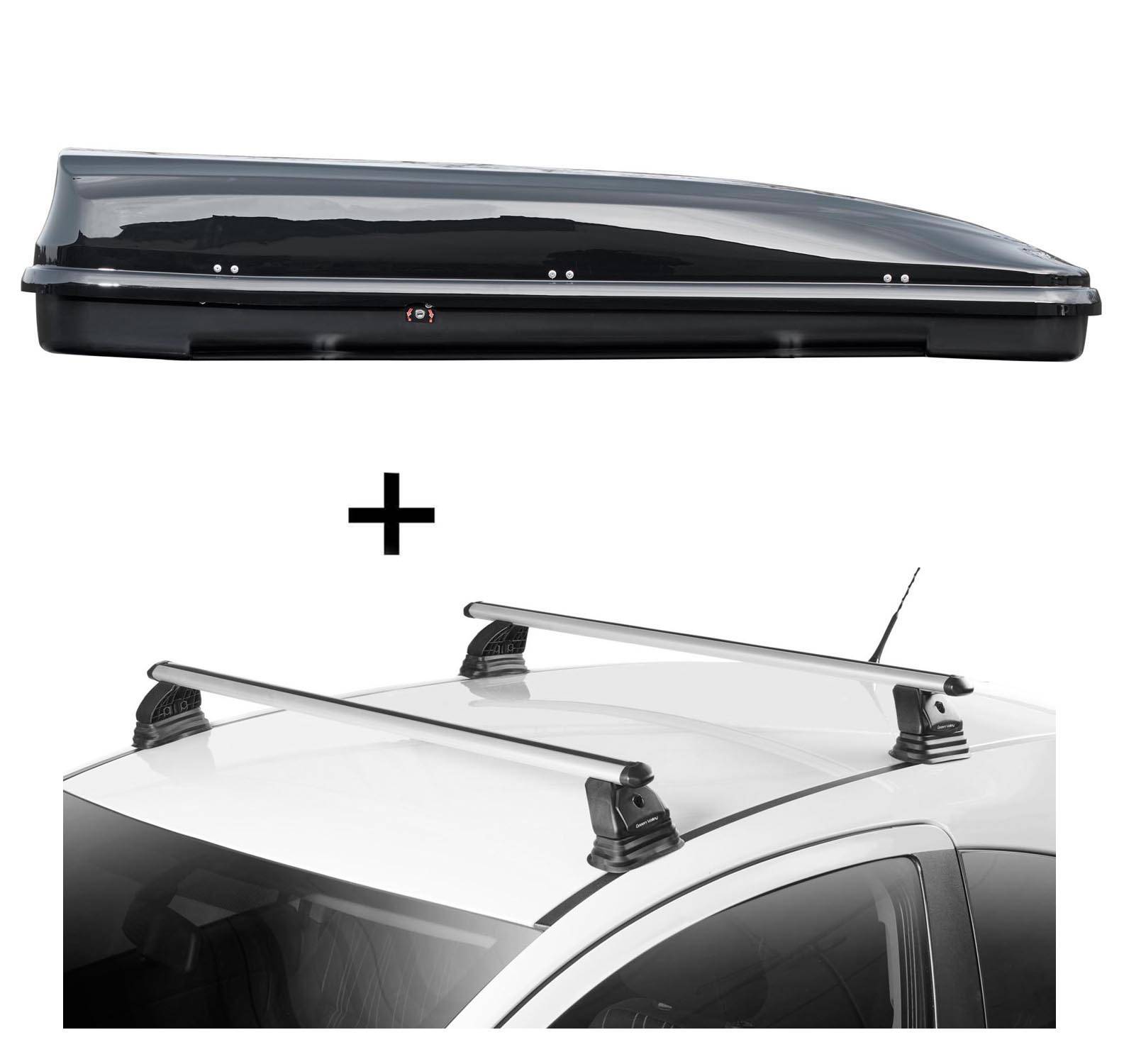 Dachbox VDPFL460 460 Liter schwarz glänzend + Dachträger VDP EVO ALU kompatibel mit für Peugeot Bipper 3-5 Türer ab 2007