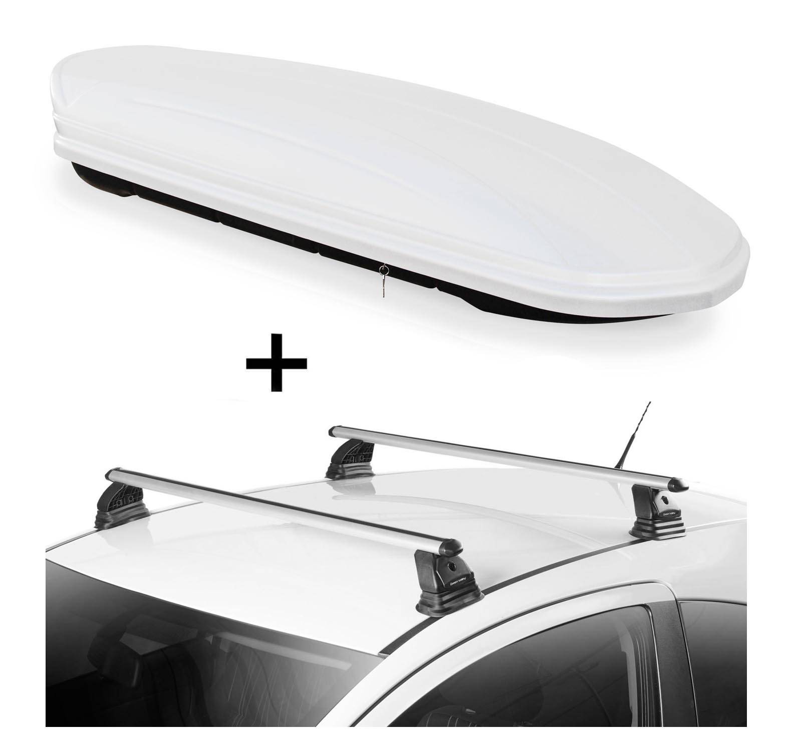 Dachbox VDPMAA460 460 Liter weiß abschließbar + Dachträger VDP EVO ALU kompatibel mit für Peugeot Bipper 3-5 Türer ab 2007