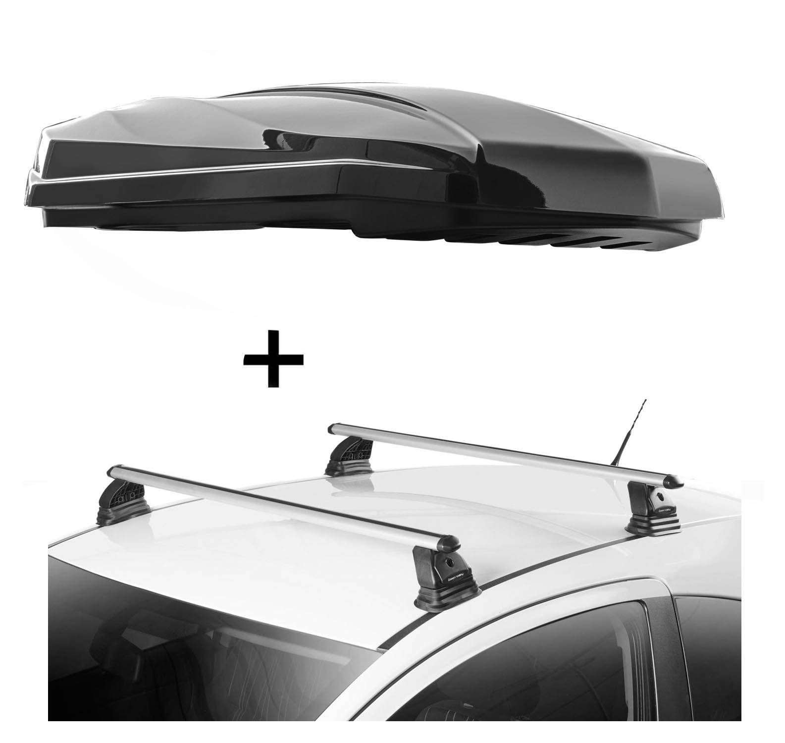 DACHBOX STRIKE 440 Liter schwarz hochglanz + Dachträger VDP EVO ALU kompatibel mit für Kia Soul 5 Türer ab 2014