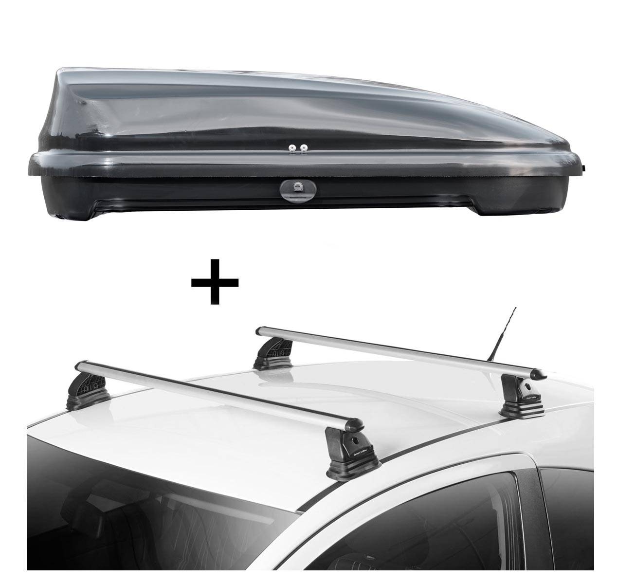 Dachbox VDPFL320 320 Liter schwarz glänzend + Dachträger VDP EVO ALU kompatibel mit für Opel Corsa E 3-5 Türer 2015-2019