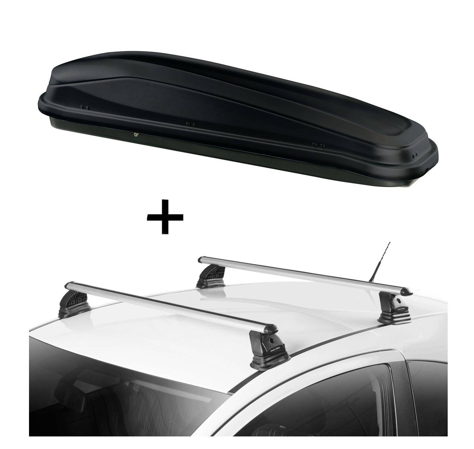 Dachbox JUEASY300 300 Liter schwarz + Dachträger VDP EVO ALU kompatibel mit für Mercedes Classe C (W204) 4 Türer 2007-2013