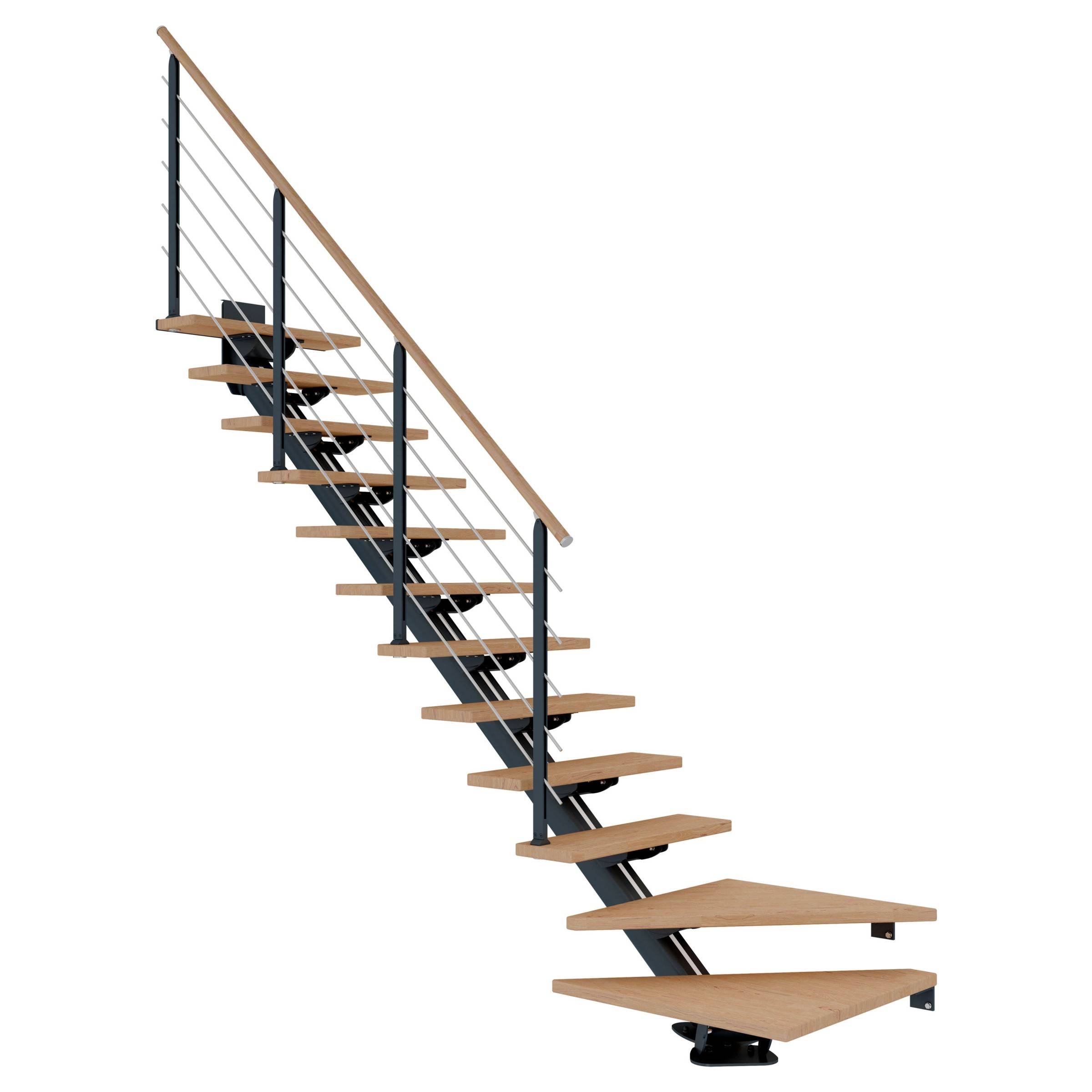 Dolle Mittelholmtreppe Sydney in Eiche weiß, geölt 75 cm breit 1/4 gewendelt für Geschosshöhen 259 – 315 cm UK Metall Anthrazit mit einseitigem