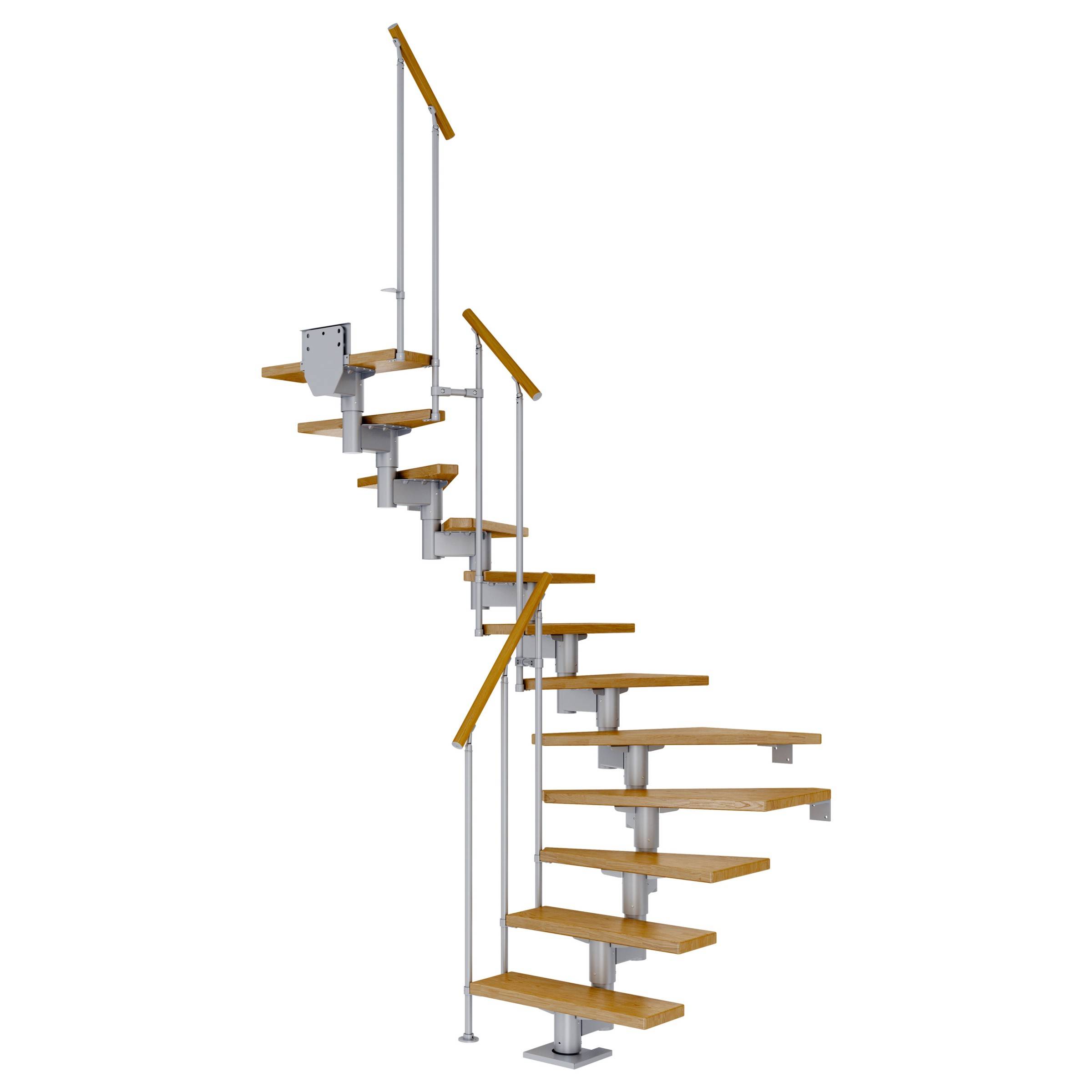 Dolle Mittelholmtreppe Cork Eiche, lackiert 1/2 gewendelt 79 cm breit für GH 278 – 337 cm UK Metall Perlgrau mit Geländer