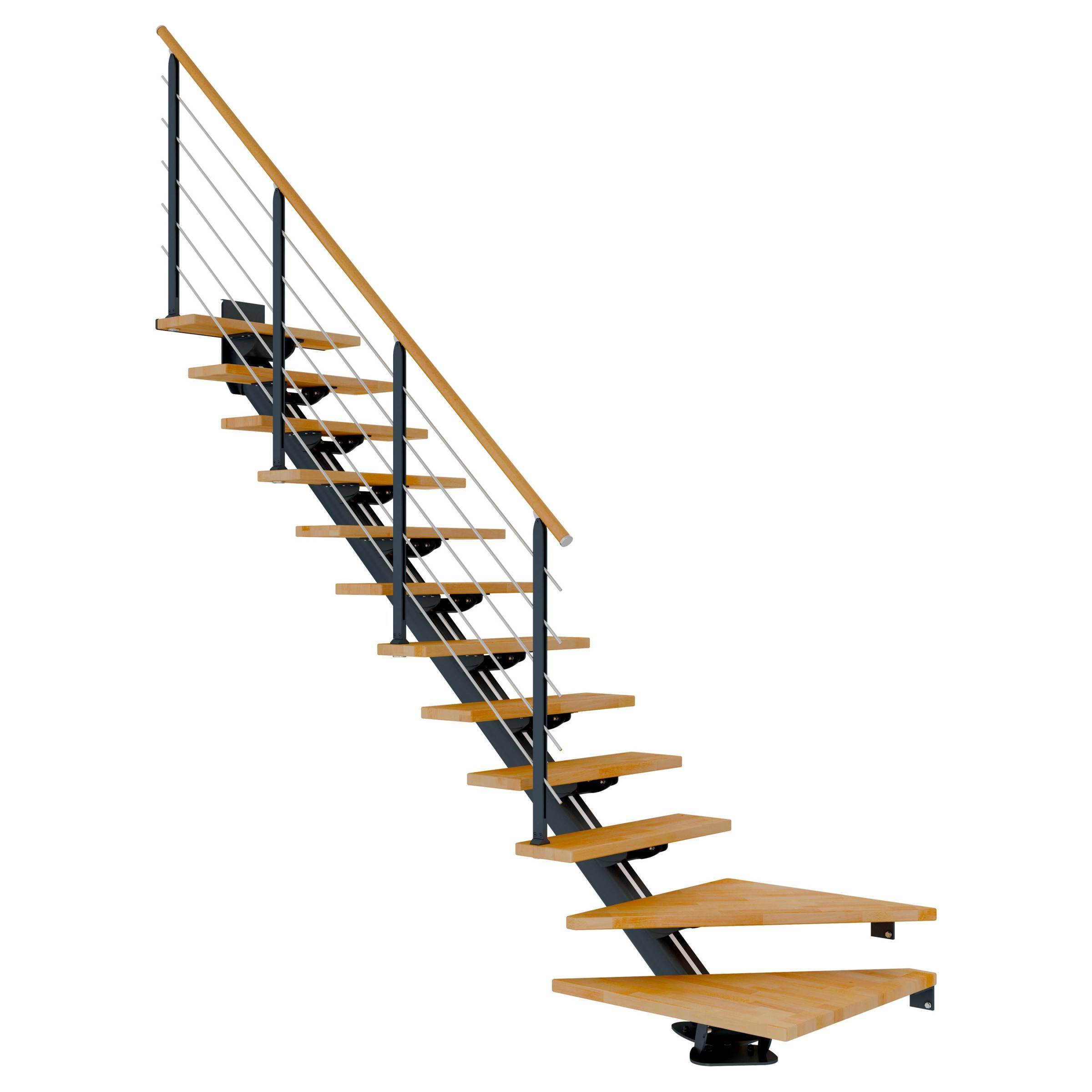 Dolle Mittelholmtreppe Sydney in Buche, geölt 75 cm breit 1/4 gewendelt für Geschosshöhen 222 – 270 cm UK Metall Anthrazit mit einseitigem Design