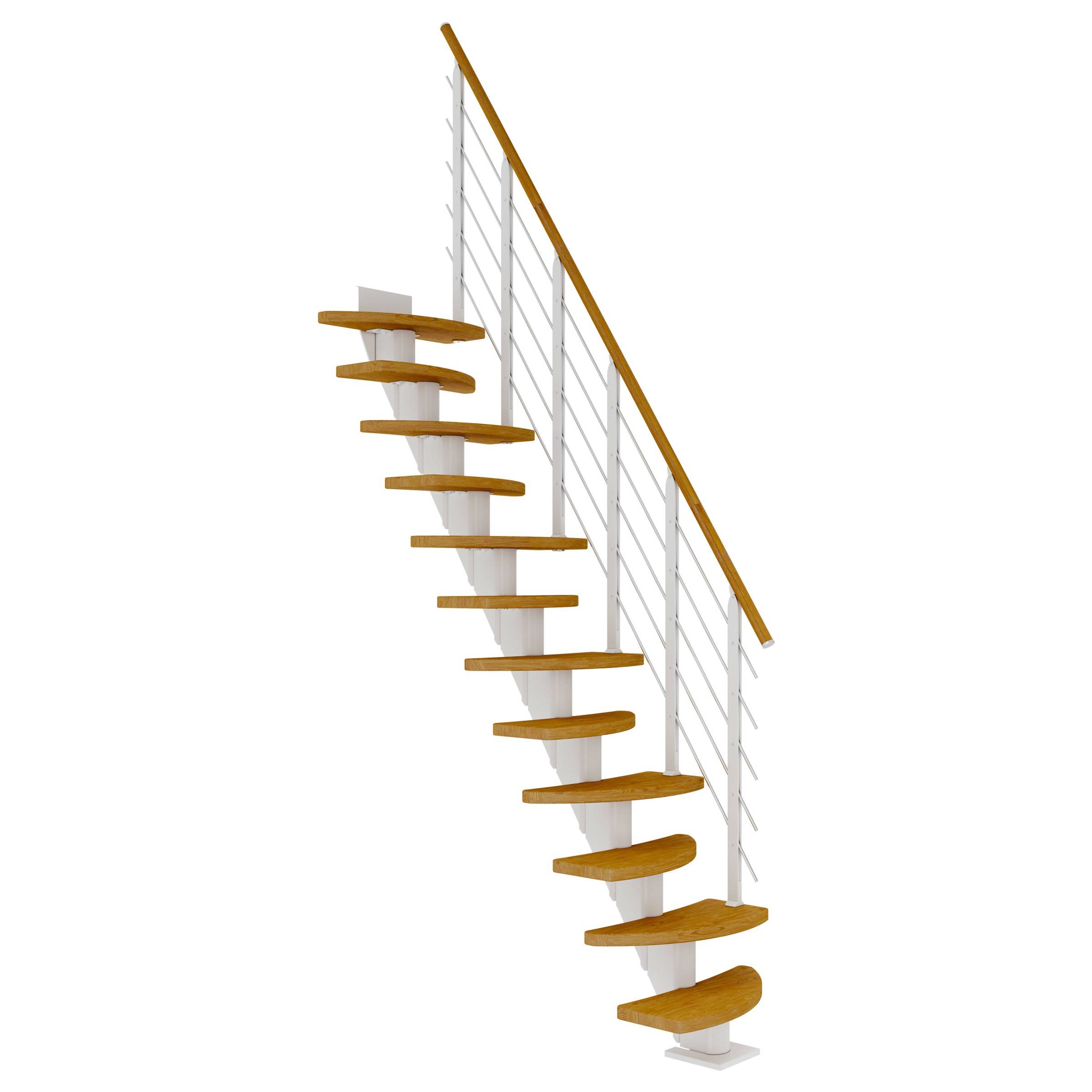 Dolle Mittelholmtreppe Berlin Eiche, geölt 64 cm breit für Geschosshöhen 240 – 292 cm UK Metall Weiß inkl. einseitigem Designgeländer