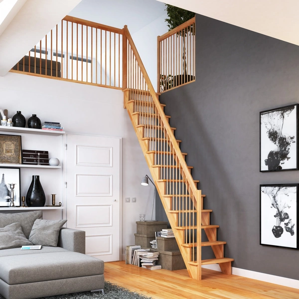 Dolle Raumspartreppe Lyon inkl. einseitigem Geländer Buche unbehandelt Treppenlauf gerade 75cm breit Holzstäbe Dolle Raumspartreppe Lyon inkl. einseitigem Geländer Buche unbehandelt Treppenlauf gerade 75cm breit Holzstäbe