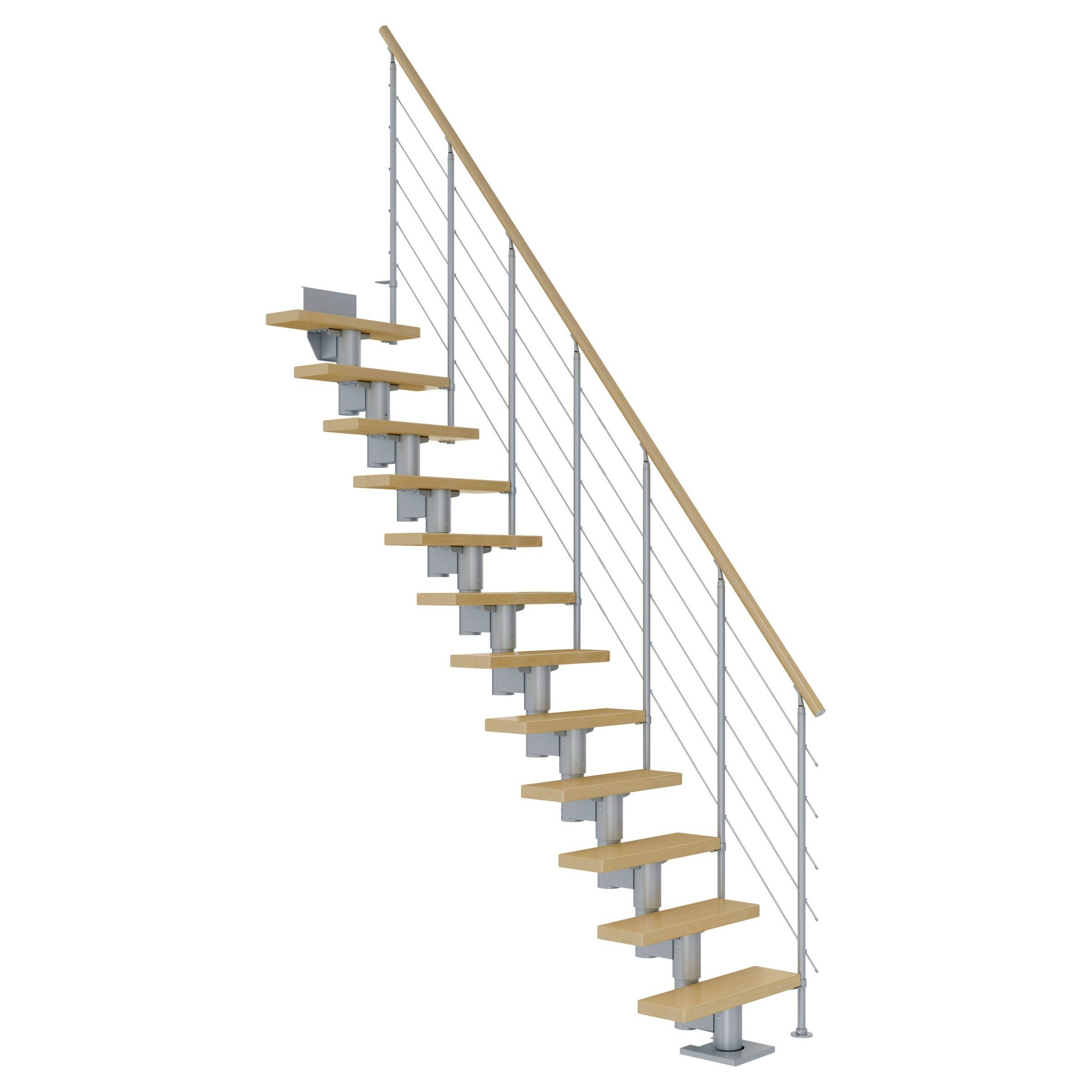 Dolle Mittelholmtreppe Dublin Gerade aus Ahorn lackiert 61 cm breit für GH 240–292 cm UK Metall Perlgrau mitlaufende Edelstahlstäbe
