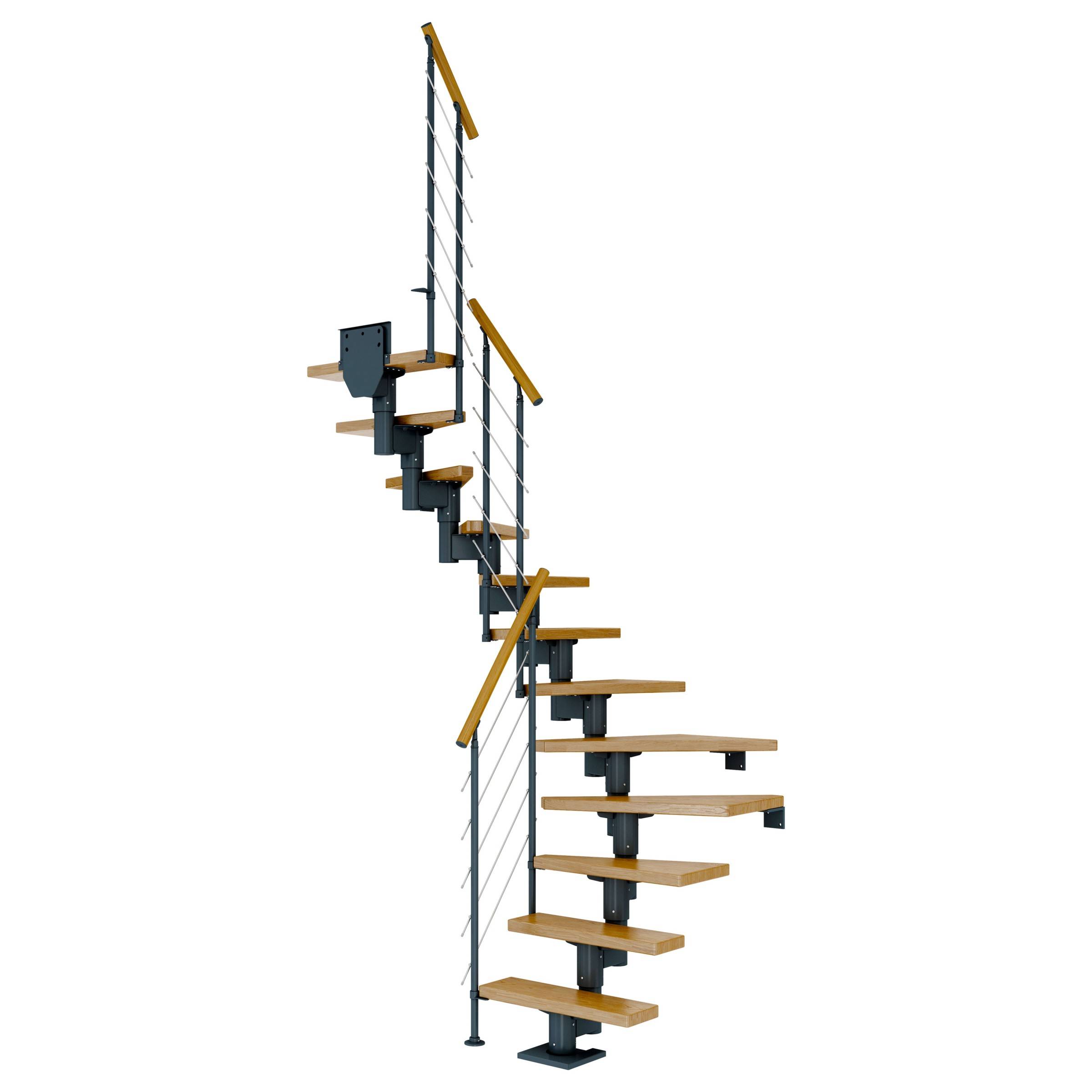Dolle Mittelholmtreppe Dublin 1/2 gewendelt aus Eiche lackiert 71 cm breit für GH 278–337 cm UK Metall Anthrazit mitlaufende Edelstahlstäbe
