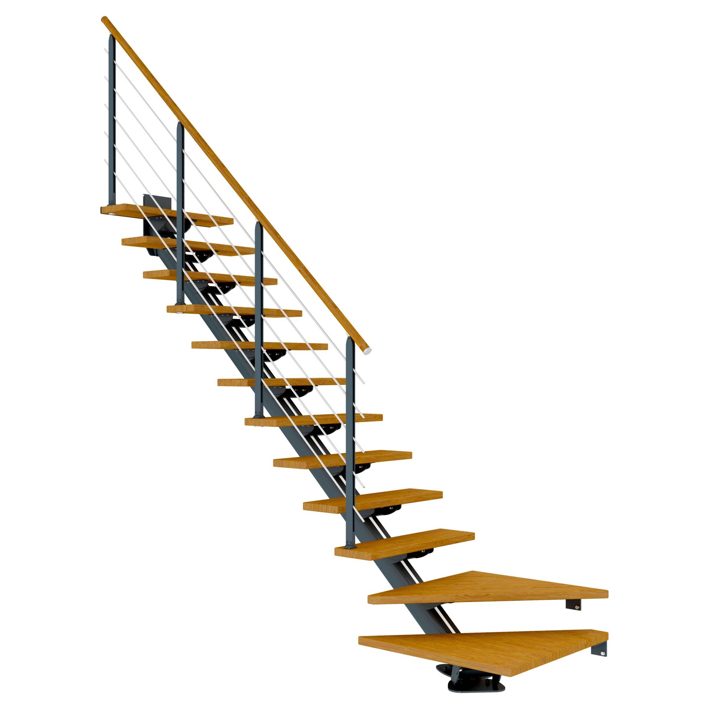 Dolle Mittelholmtreppe Sydney in Eiche, geölt 75 cm breit 1/4 gewendelt für Geschosshöhen 259 – 315 cm UK Metall Anthrazit mit einseitigem Design