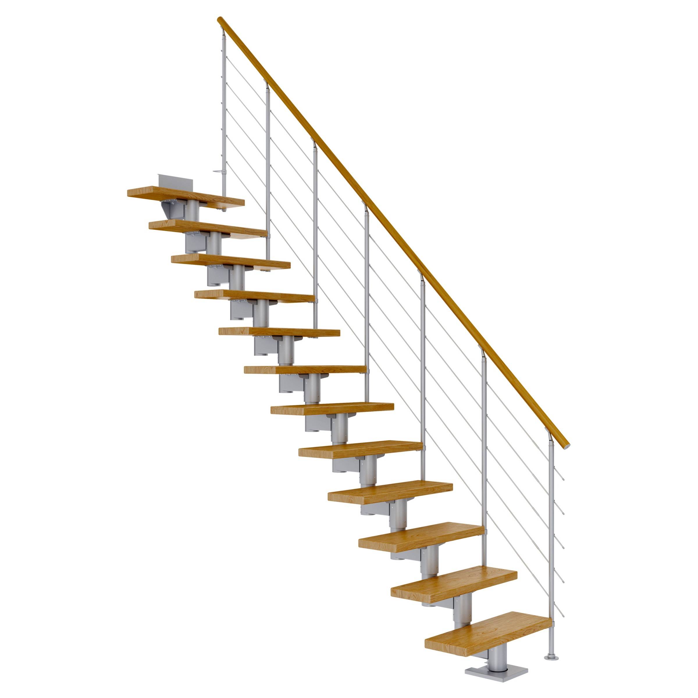 Dolle Mittelholmtreppe Cork Eiche, lackiert Gerade 75 cm breit für GH 240 – 292 cm UK Metall Perlgrau mit Geländer