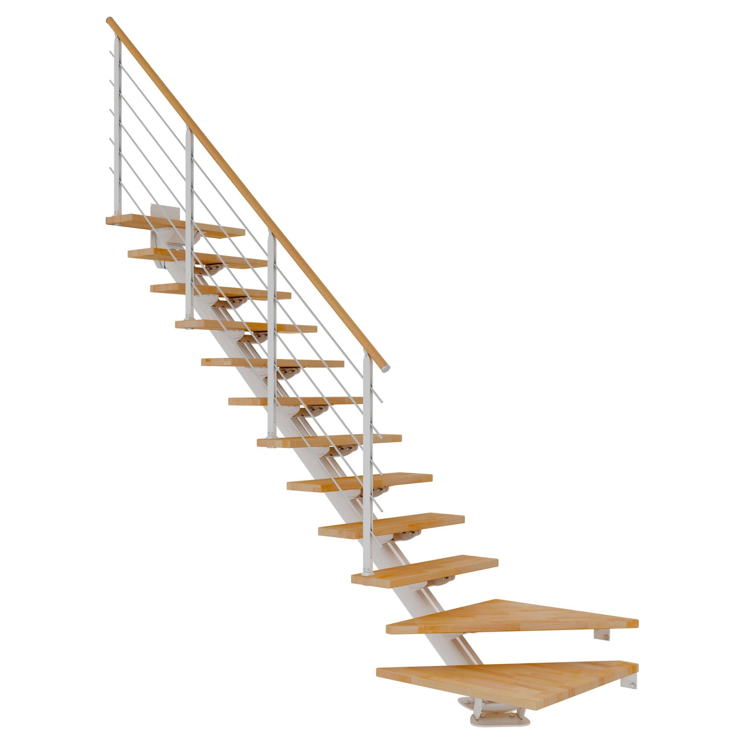 Dolle Mittelholmtreppe Sydney in Buche, geölt 75 cm breit 1/4 gewendelt für Geschosshöhen 222 – 270 cm UK Metall Weiß mit einseitigem Designgel