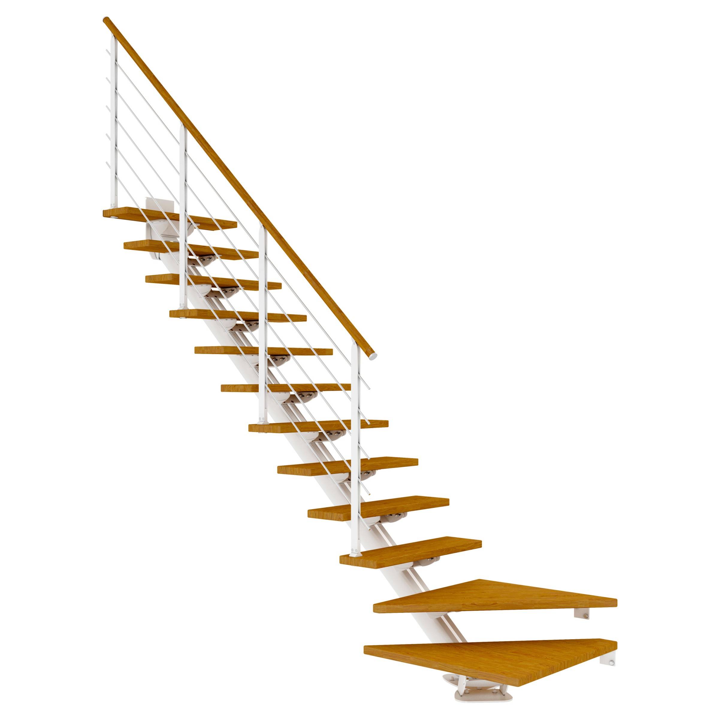 Dolle Mittelholmtreppe Sydney in Eiche, geölt 75 cm breit 1/4 gewendelt für Geschosshöhen 240 – 292 cm UK Metall Weiß mit einseitigem Designgel