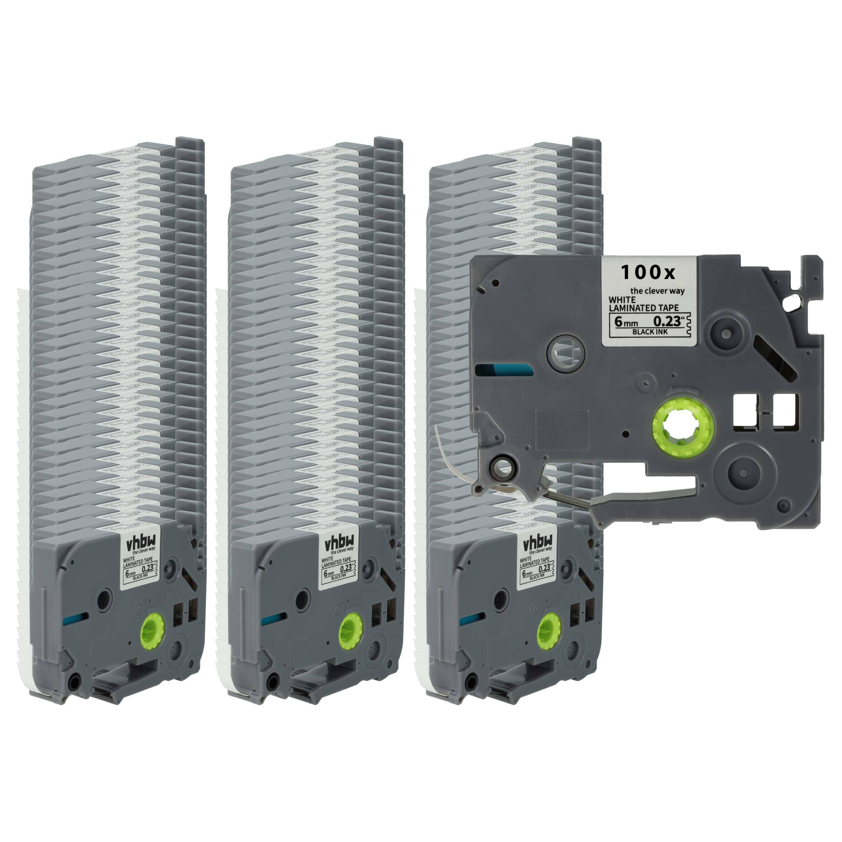vhbw 100x Schriftband-Kassette kompatibel mit Brother PT 1200P, 1200, 1090, 1080, 1010, 1000-Serie Etiketten-Drucker 8m x 6mm Schwarz auf Weiß