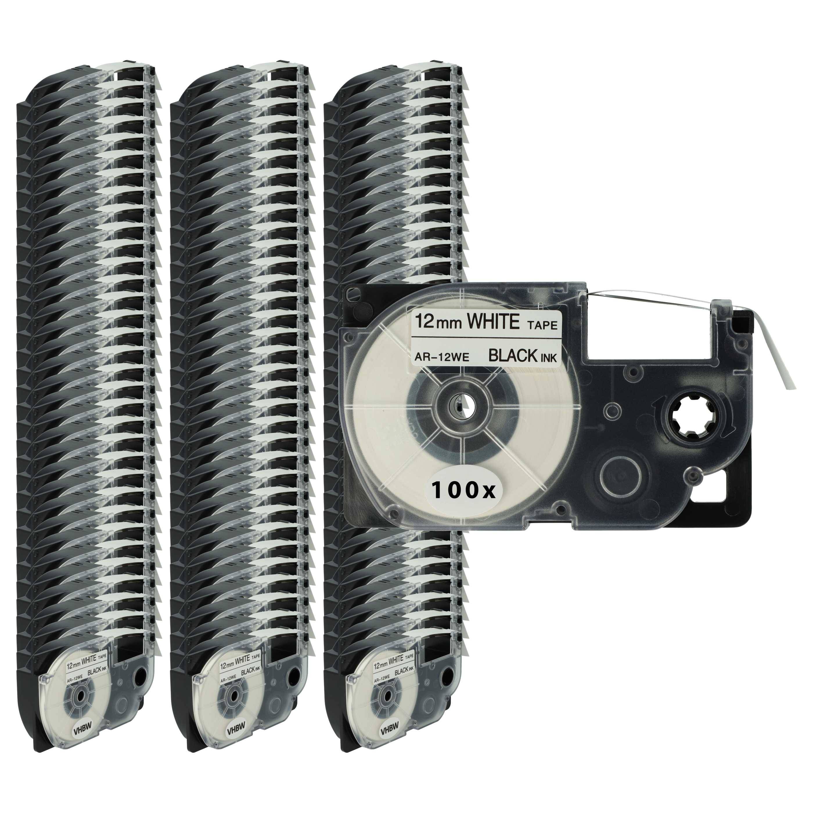vhbw 100x Schriftband-Kassette kompatibel mit Casio KL-200, KL-130, KL-100E, KL-120, KL-1500, CW-L300 Etiketten-Drucker 8m x 12mm Schwarz auf Weiß