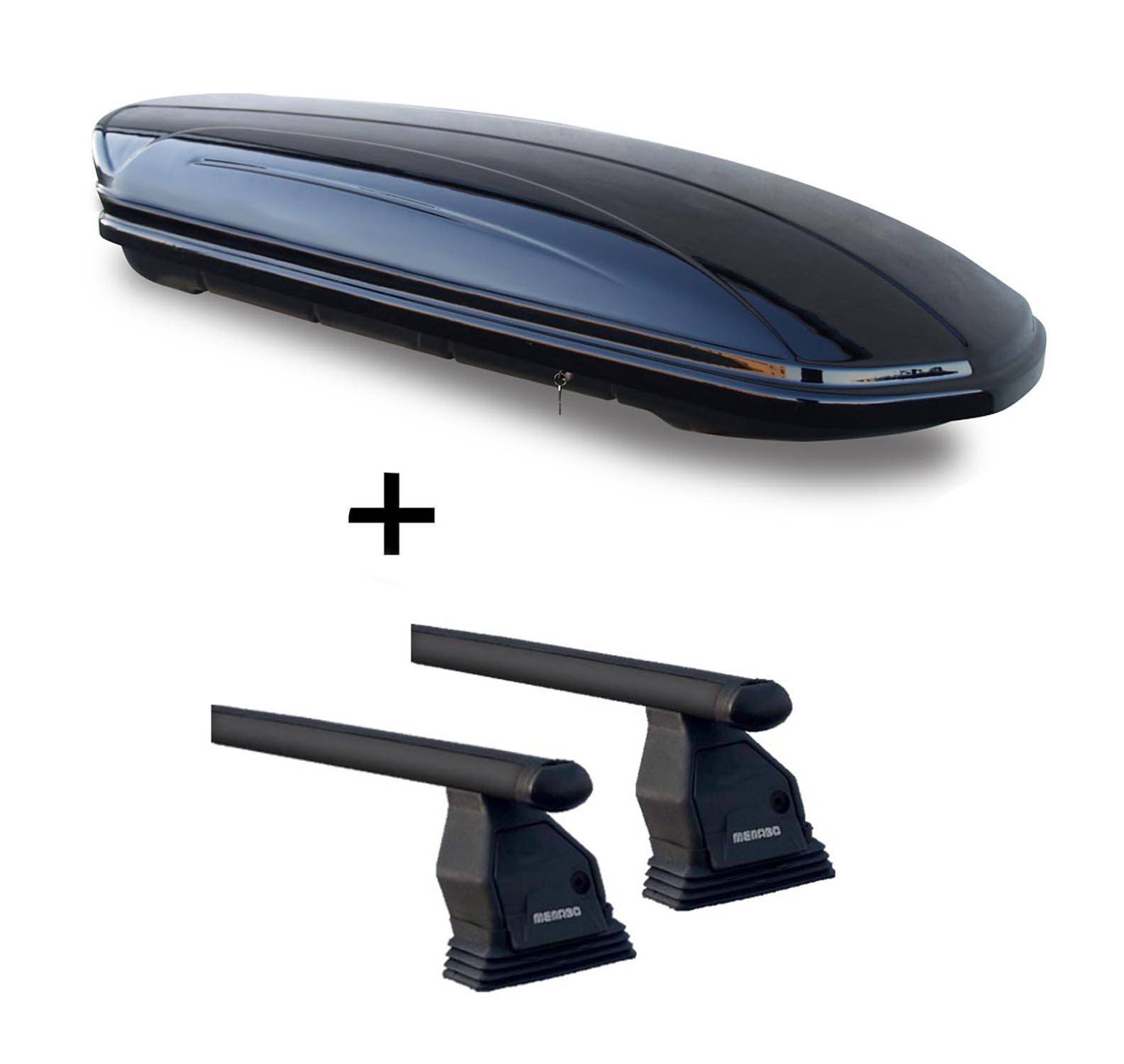 Dachbox VDPMAA460 schwarz glänzend 460 Ltr abschließbar + Dachträger Menabo Tema kompatibel mit für Ford S-Max (5Türer) 2006-2015 Stahl