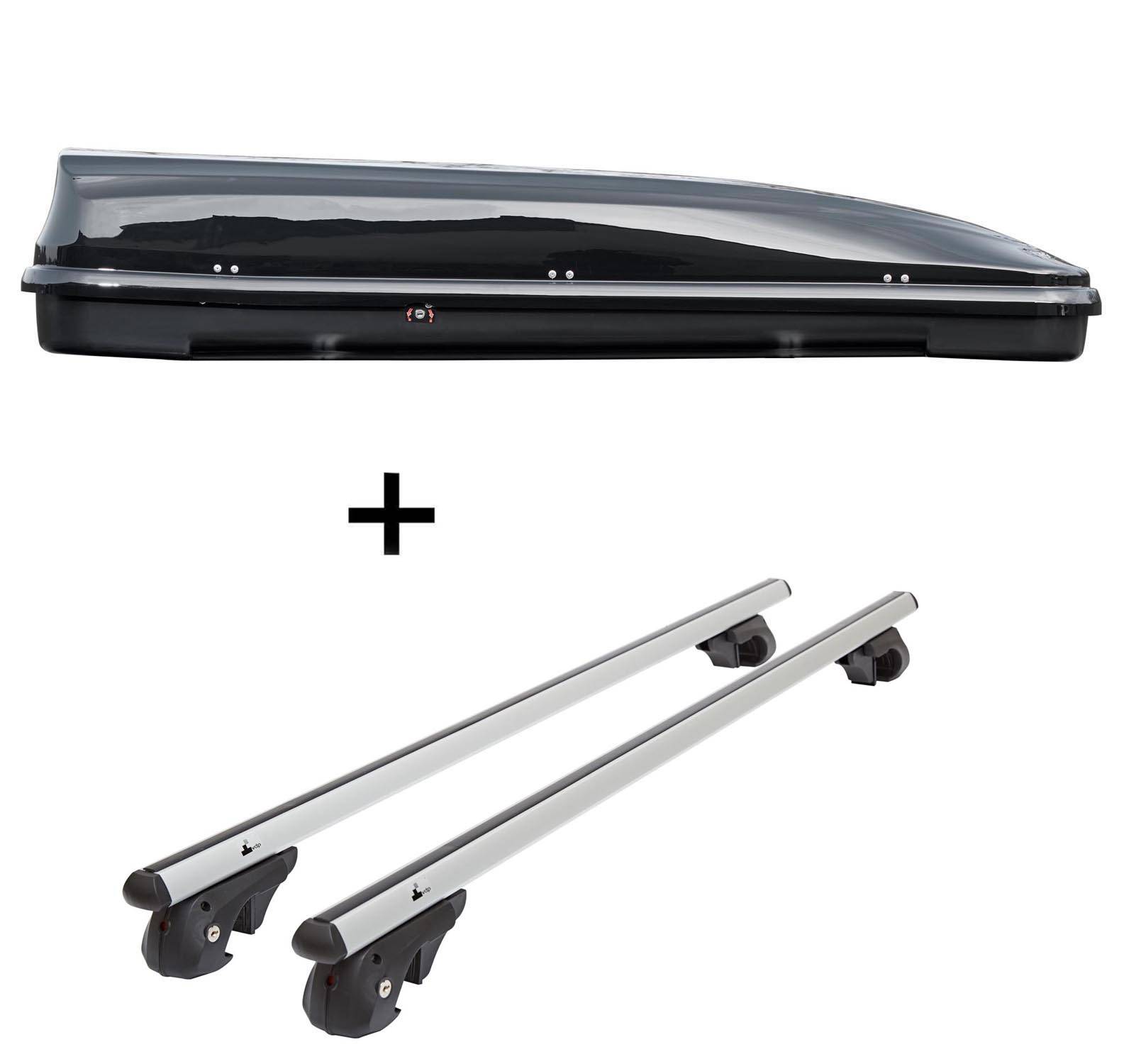 Dachbox VDPFL460 460Ltr schwarz glänzend + Alu Relingträger VDP004XL kompatibel mit für VW Golf Sportsvan ab 14