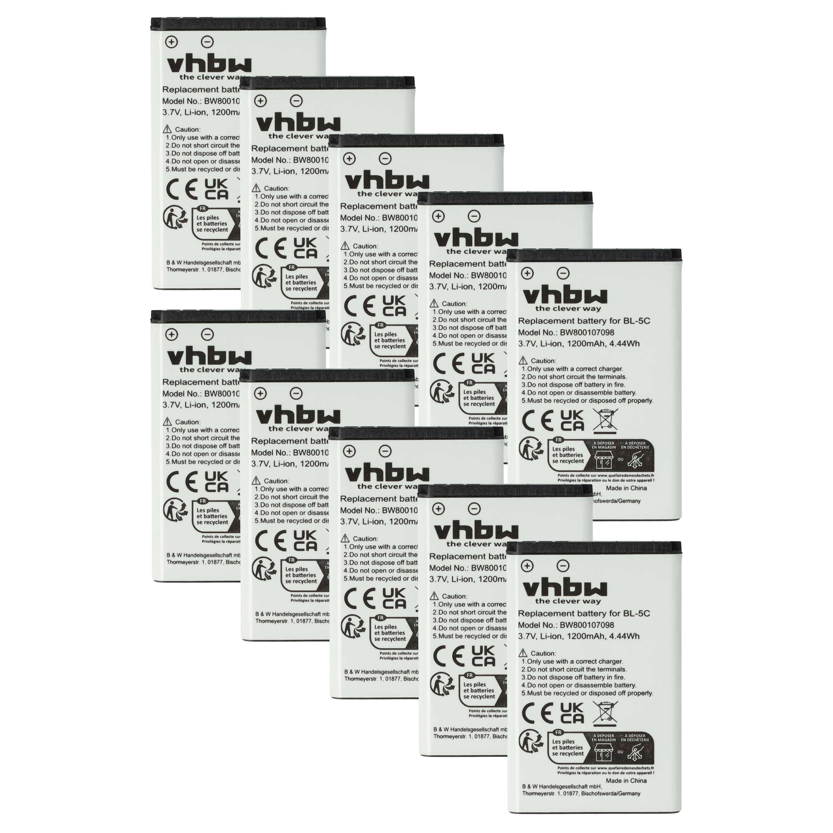 vhbw 10x Akku Ersatz für TB-BL5C, RCB215, RCB01P02, SIB-11, SIB-16, RCB405, RTR001F02 für Handy Smartphone Telefon (1200 mAh, 3,7 V, Li-Ion)