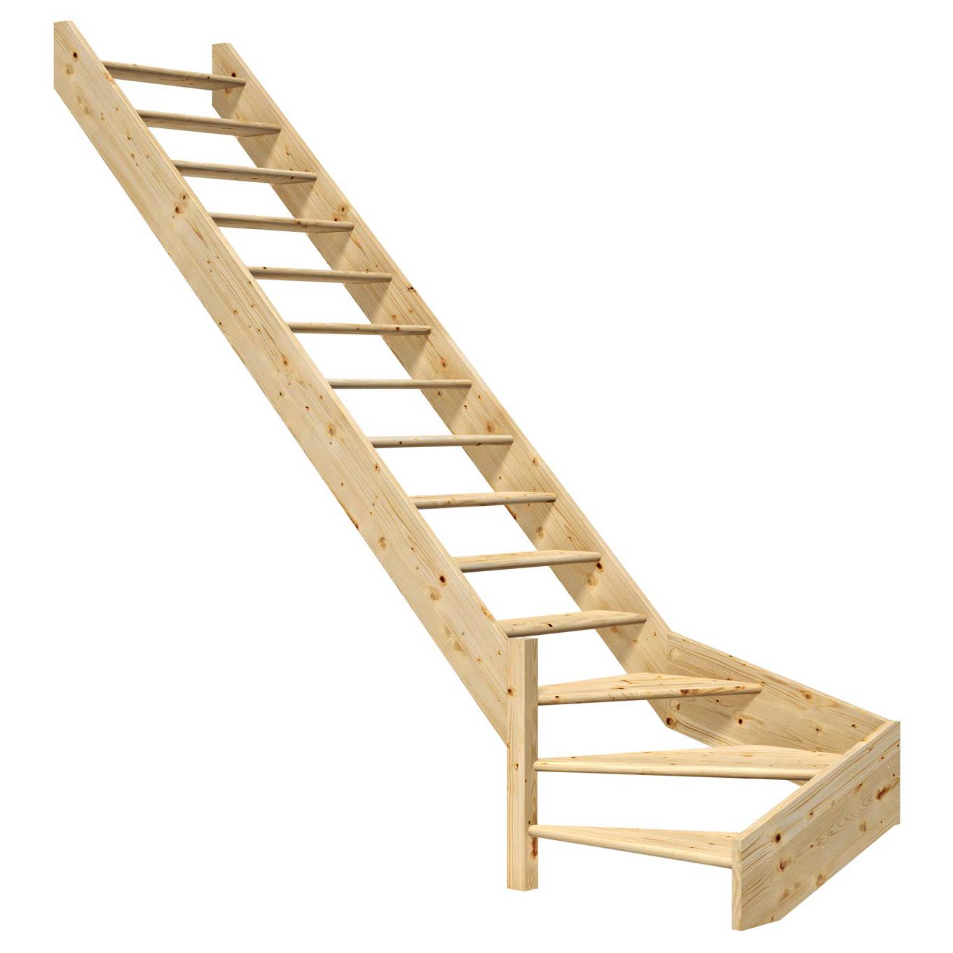 Dolle Raumspartreppe Paris ohne Setzstufen Fichte unbehandelt Treppenlauf ¼ gewendelt unten links ohne Geländer