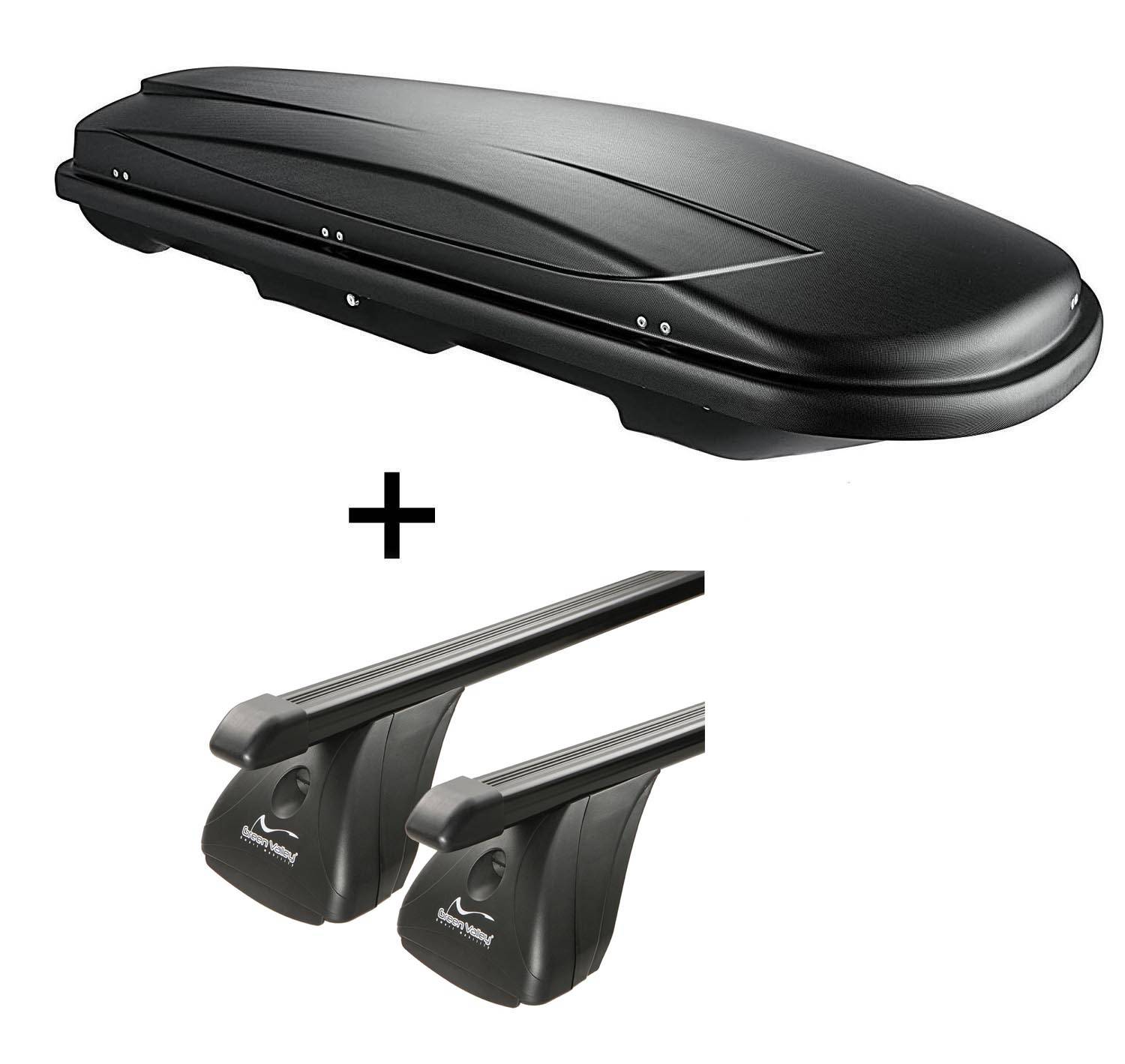 Dachbox VDPJUXT600 600Ltr abschließbar + Stahl Dachträger Aurilis VDP kompatibel mit für Fiat Qubo (3-5Türer) ab 2008