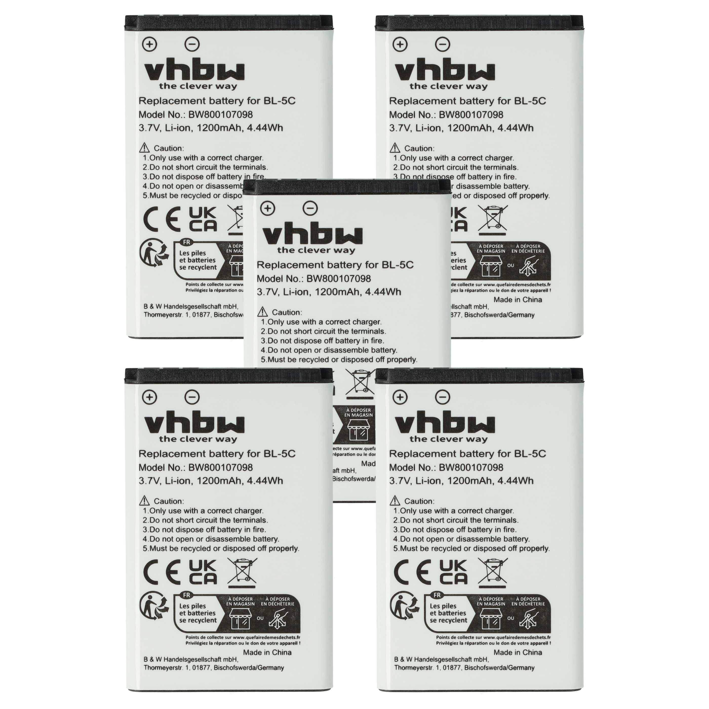 vhbw 5x Akku kompatibel mit Nokia 1800, 2310, 2300, 207, 208, 215, 220 Dual Sim, 1112, 1650, 1600 Handy Smartphone Telefon (1200 mAh, 3,7 V, Li-Ion)