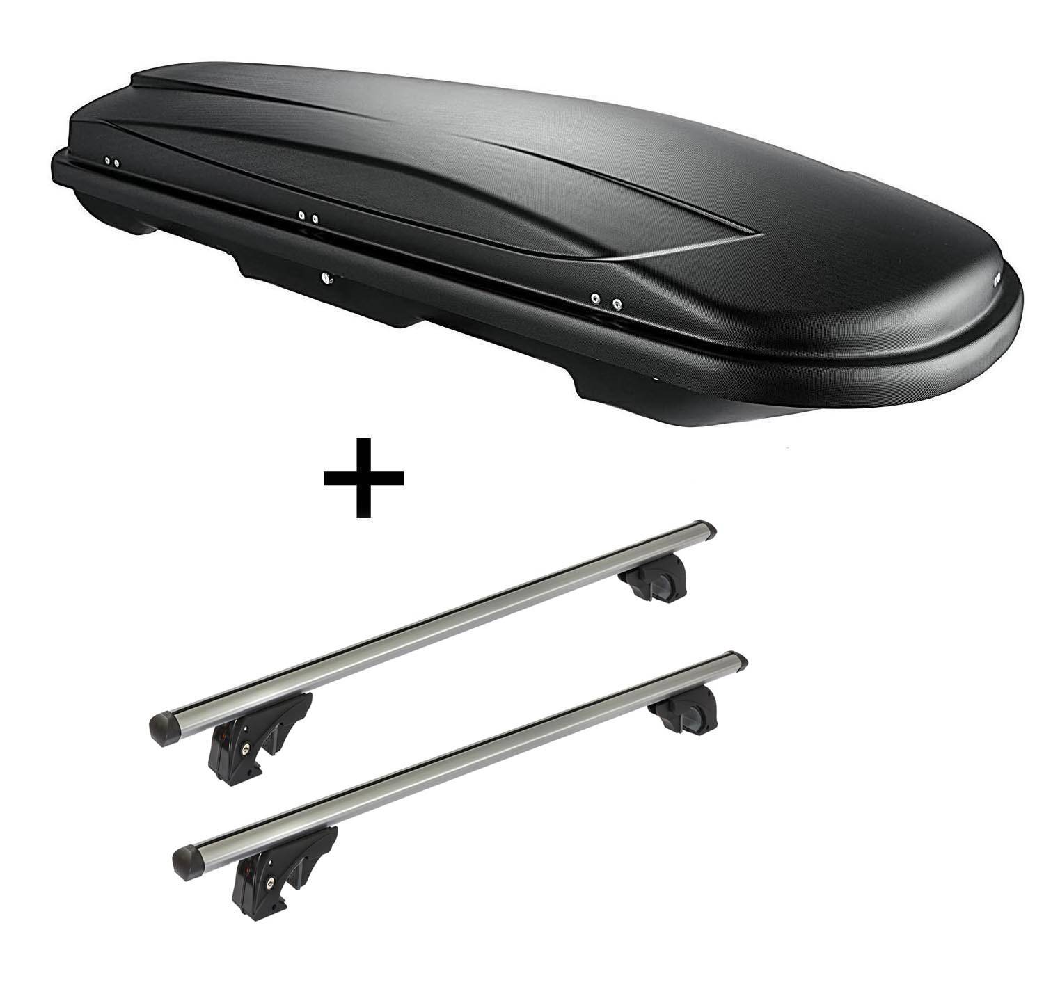 Dachbox VDPJUXT500 500Ltr abschließbar schwarz + Dachträger/Relingträger VDP LION1 kompatibel mit Chevrolet Spark (5 Türer) ab 10