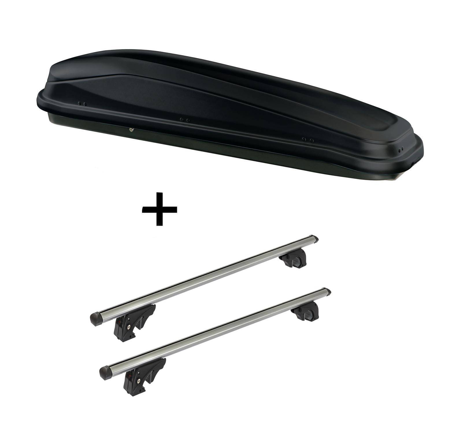 Dachbox JUEASY300 300 Liter schwarz + Dachträger/Relingträger VDP LION1 kompatibel mit für VW Tiguan (5N) (5 Türer) 07-16