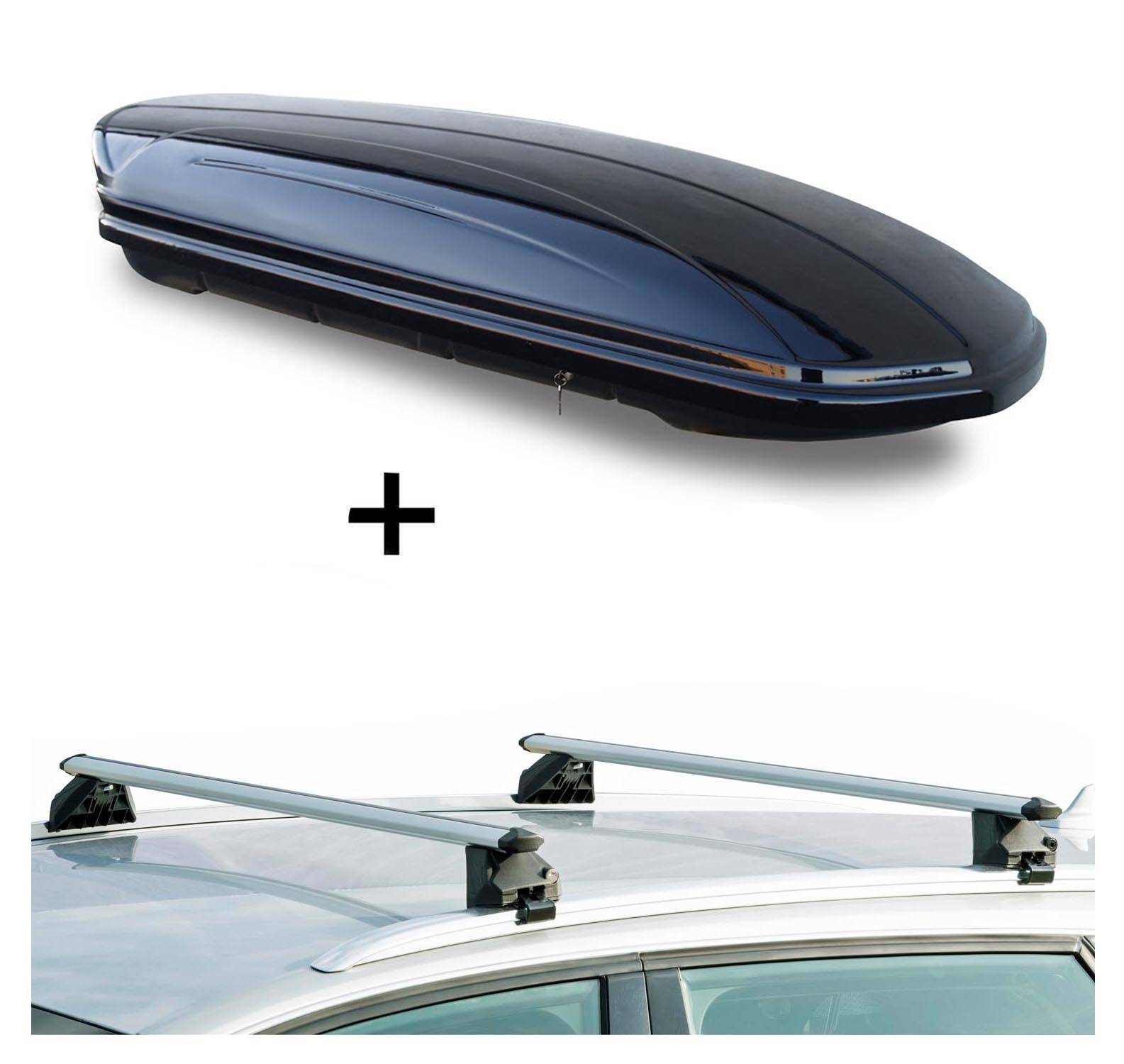 Dachbox VDPMAA460 460Ltr schwarz glänzend abschließbar + Dachträger CRV107A kompatibel mit für Audi A6 Kombi (C6) (5 Türer) 2005-2011