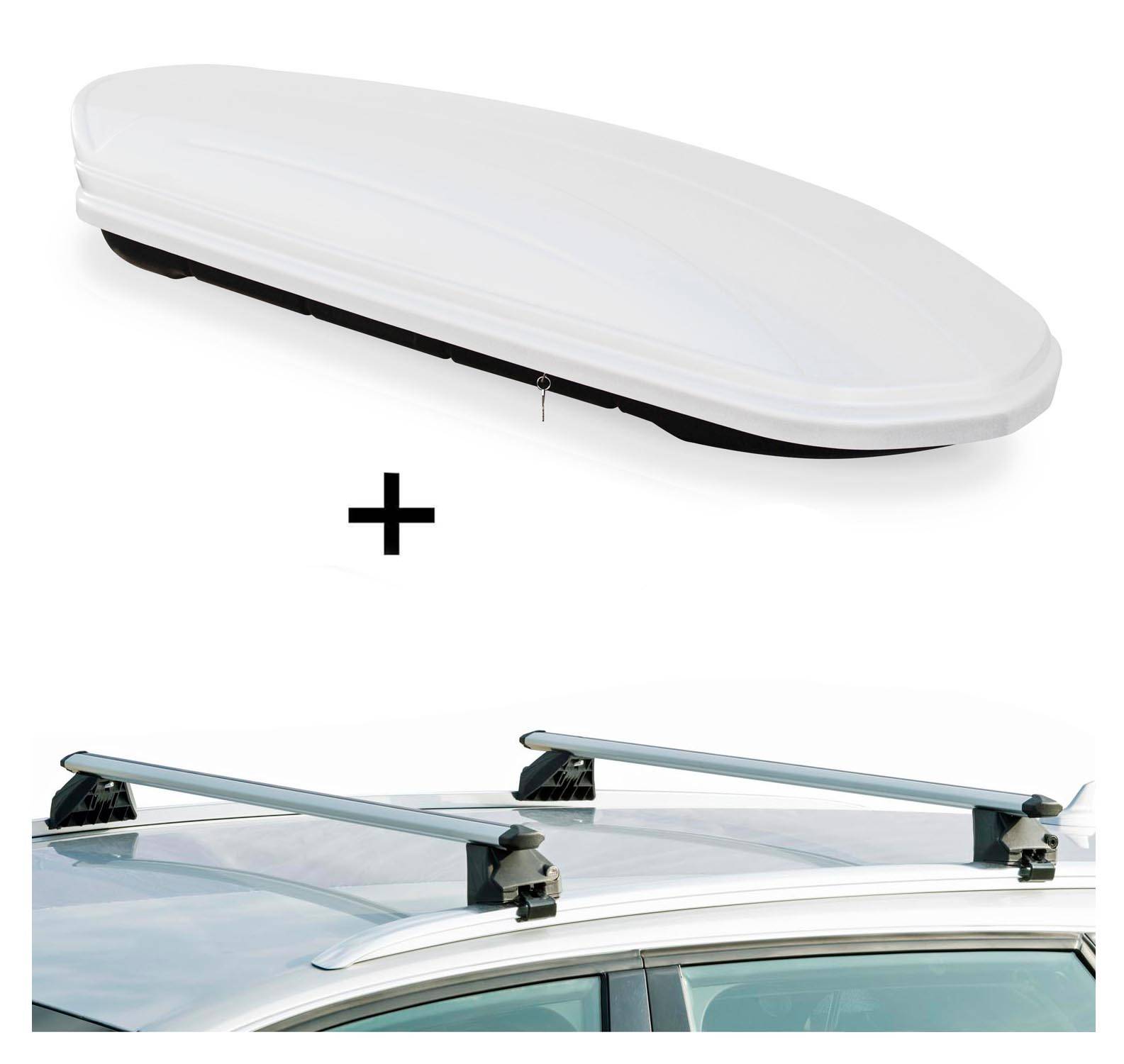 Dachbox VDPMAA460 460Ltr weiß abschließbar + Dachträger CRV107A kompatibel mit für Opel Insignia Kombi (5 Türer) 2009-2017
