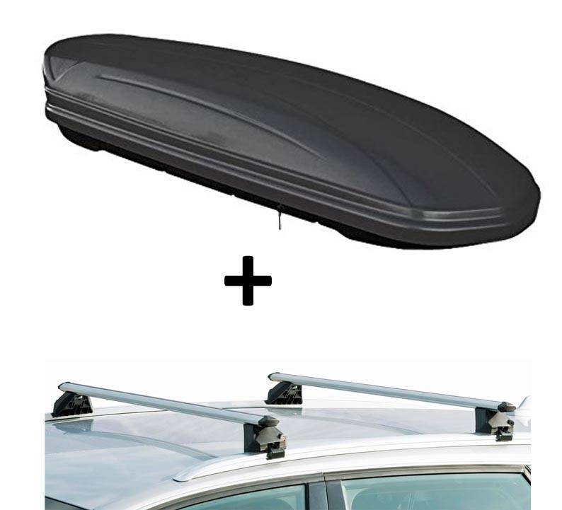 Dachbox VDPMAA460 460Ltr schwarz matt abschließbar + Dachträger CRV107A kompatibel mit FIAT Tipo Kombi (5 Türer) ab 2016