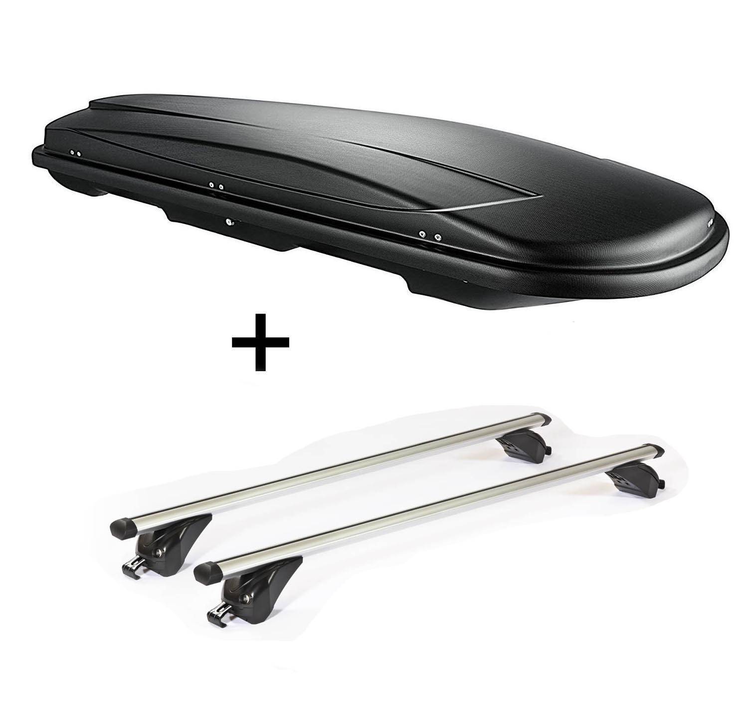 Dachbox VDPJUXT500 500Ltr abschließbar schwarz + Dachträger/Relingträger VDP KING1 kompatibel mit für Dacia Duster III (5 Türer) ab 18