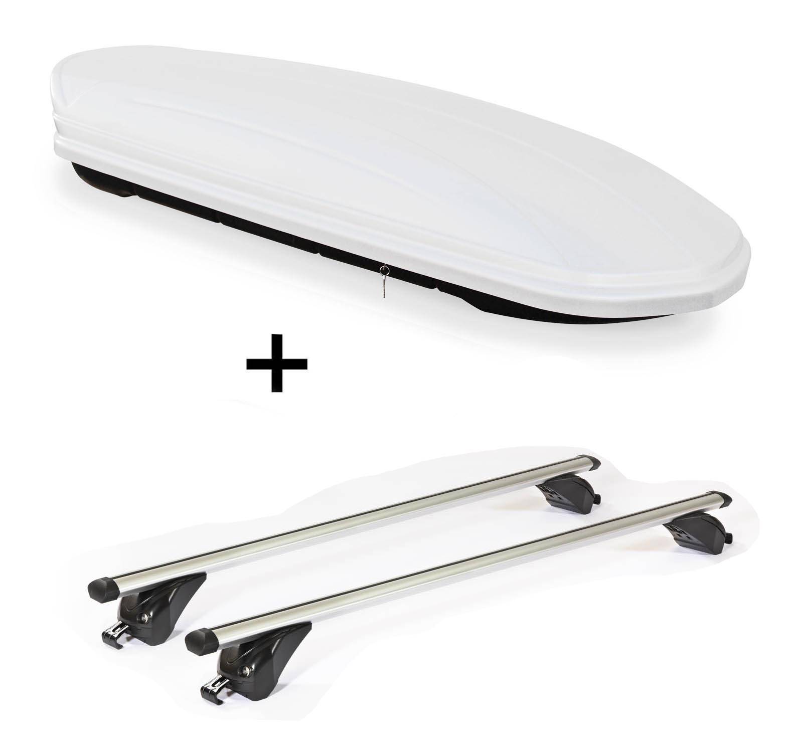 Dachbox VDPMAA460 460Ltr weiß abschließbar + Dachträger/Relingträger VDP KING1 kompatibel mit für Mitsubishi ASX (5 Türer) ab 10