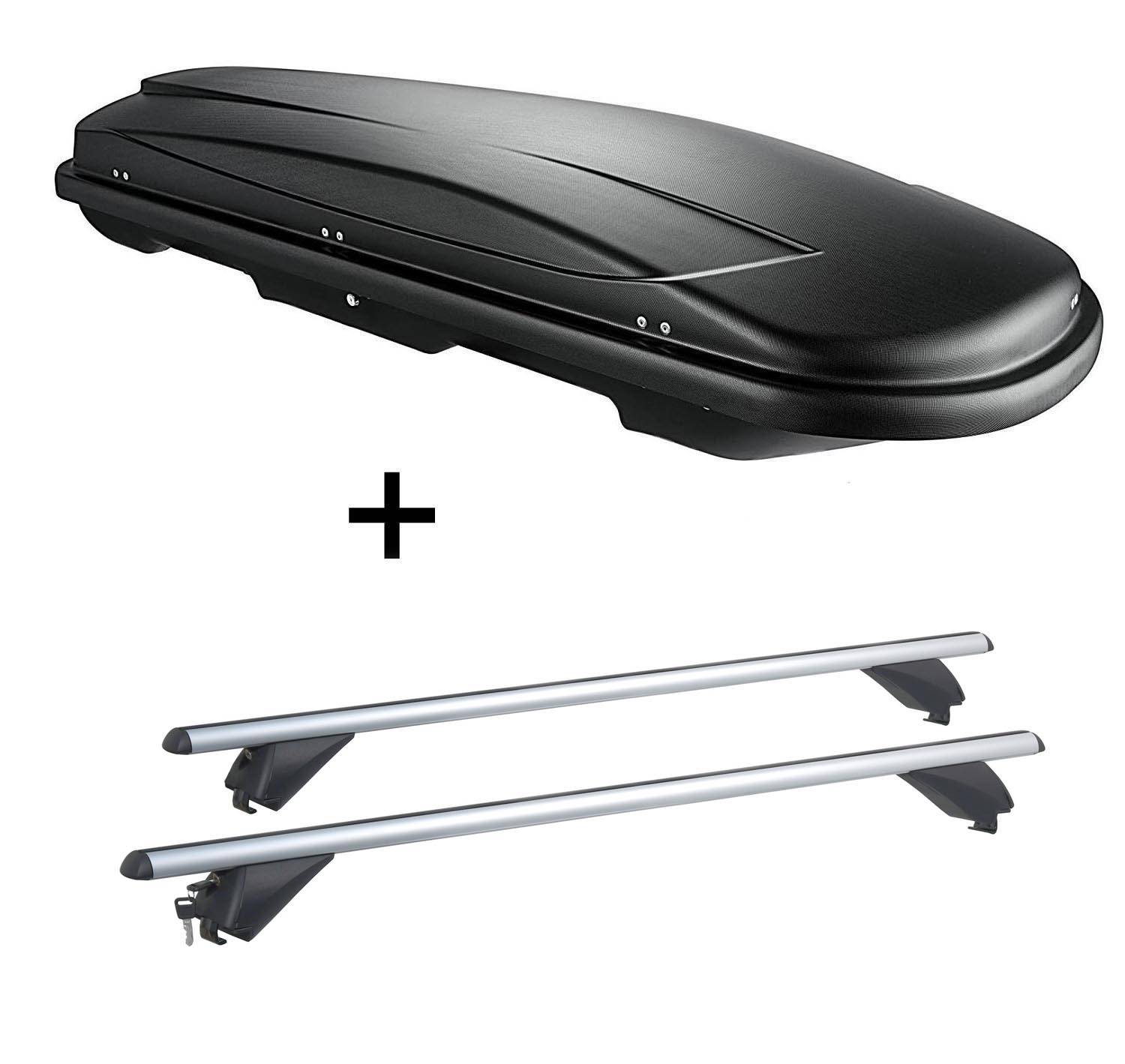 Dachbox VDPJUXT600 600Ltr abschließbar + Alu Dachträger RB003 kompatibel mit für Volvo V60 (5Türer) 2010-2017