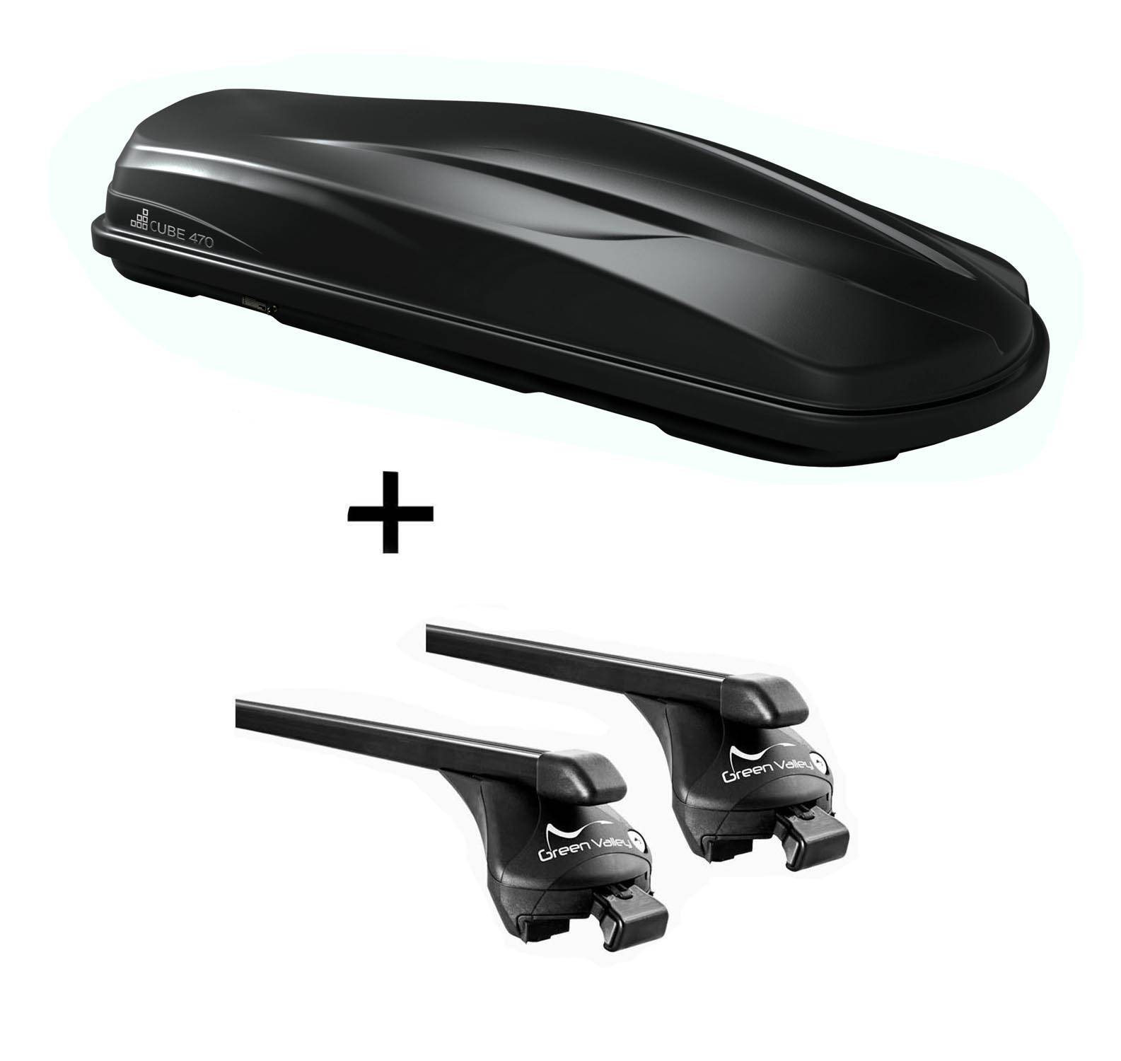 Dachbox/Gepäckbox CUBE470 + Relingträger Quick kompatibel mit für Opel COMBO E (3-5 Türer) ab 2018 anliegende Reling