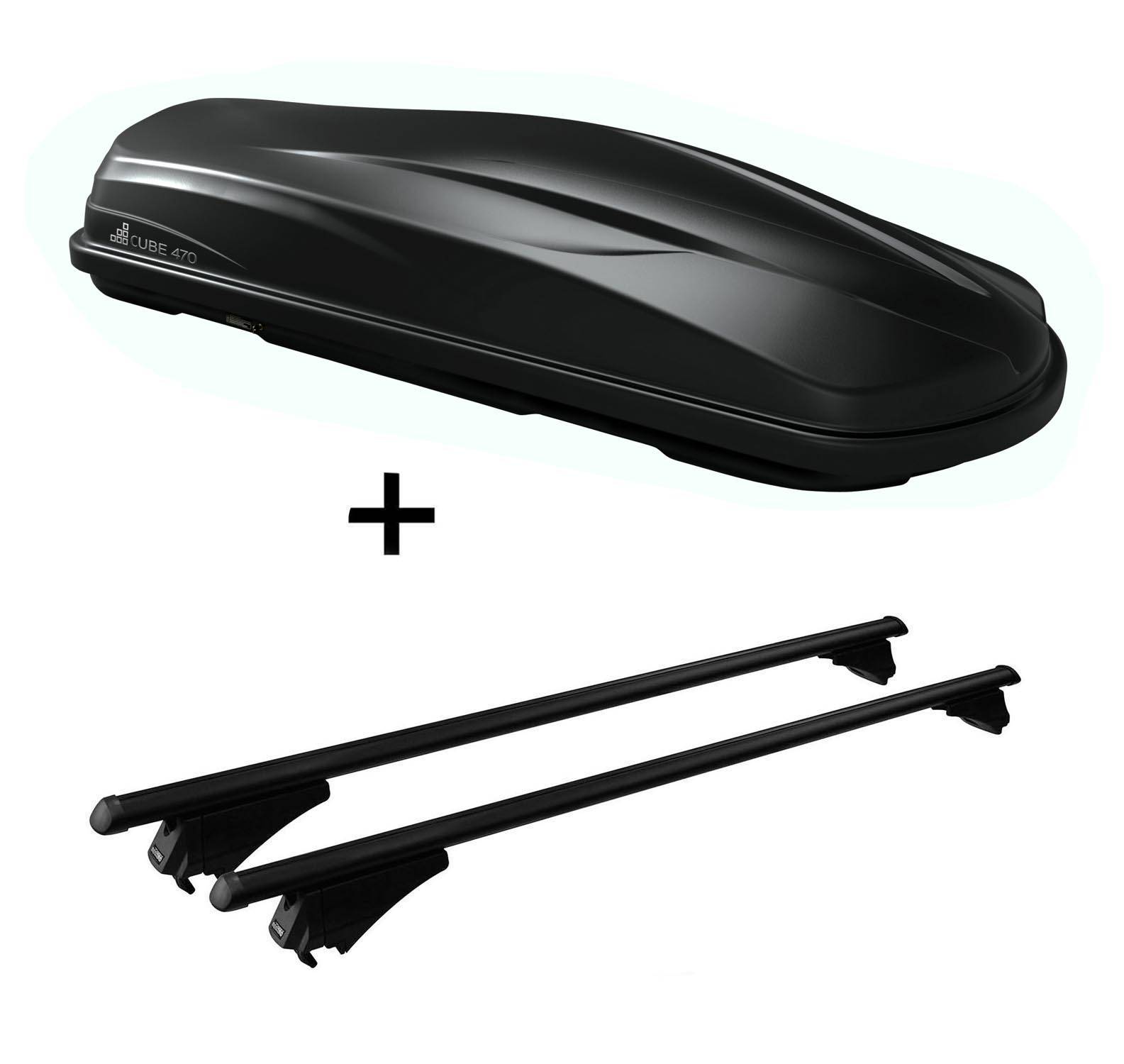 Dachbox/Gepäckbox CUBE470 + Relingträger Tiger Alu XL kompatibel mit für BMW 5er F11 Touring ab 13