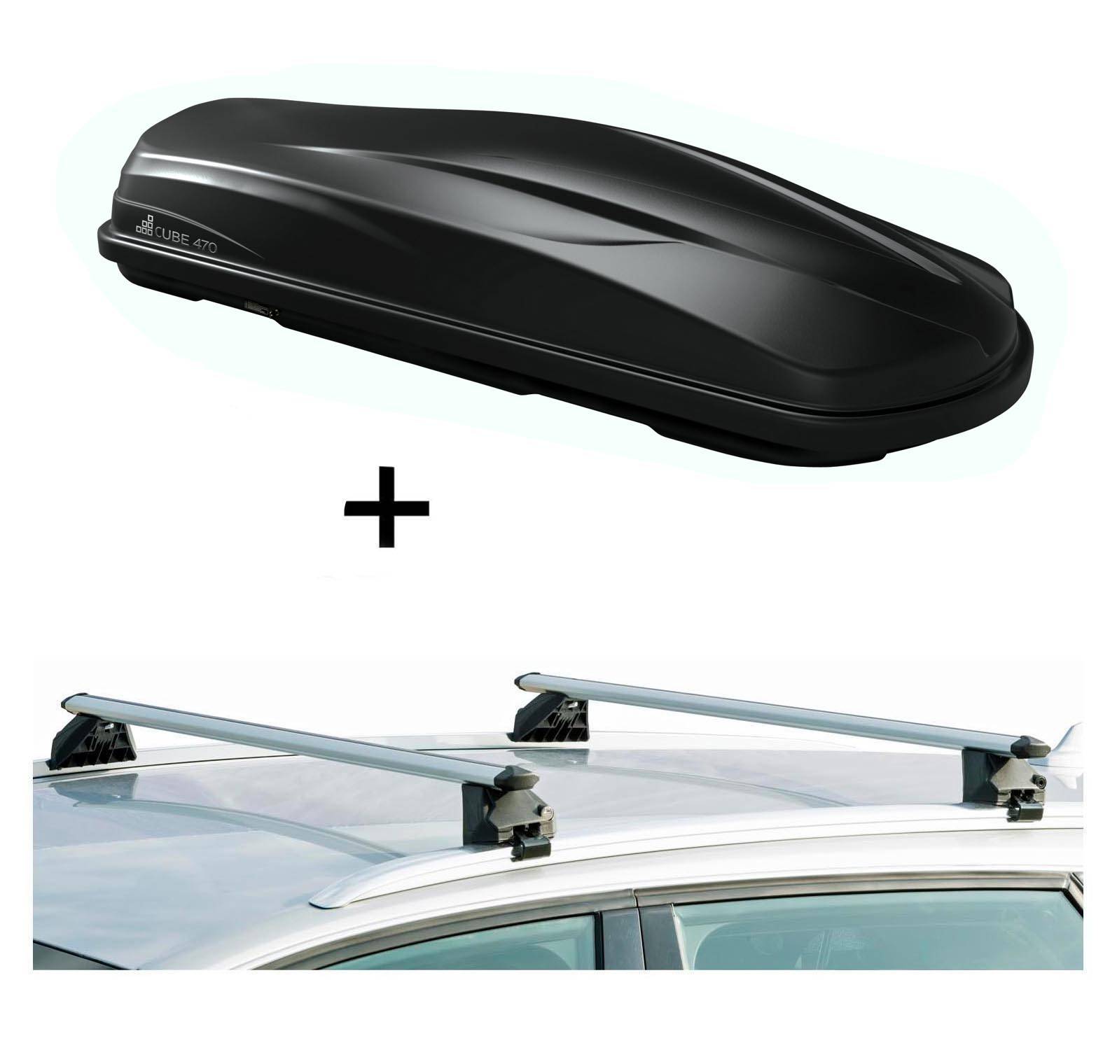 Dachbox/Gepäckbox CUBE470 + Relingträger CRV120A kompatibel mit für VW Golf VII SW ab 13