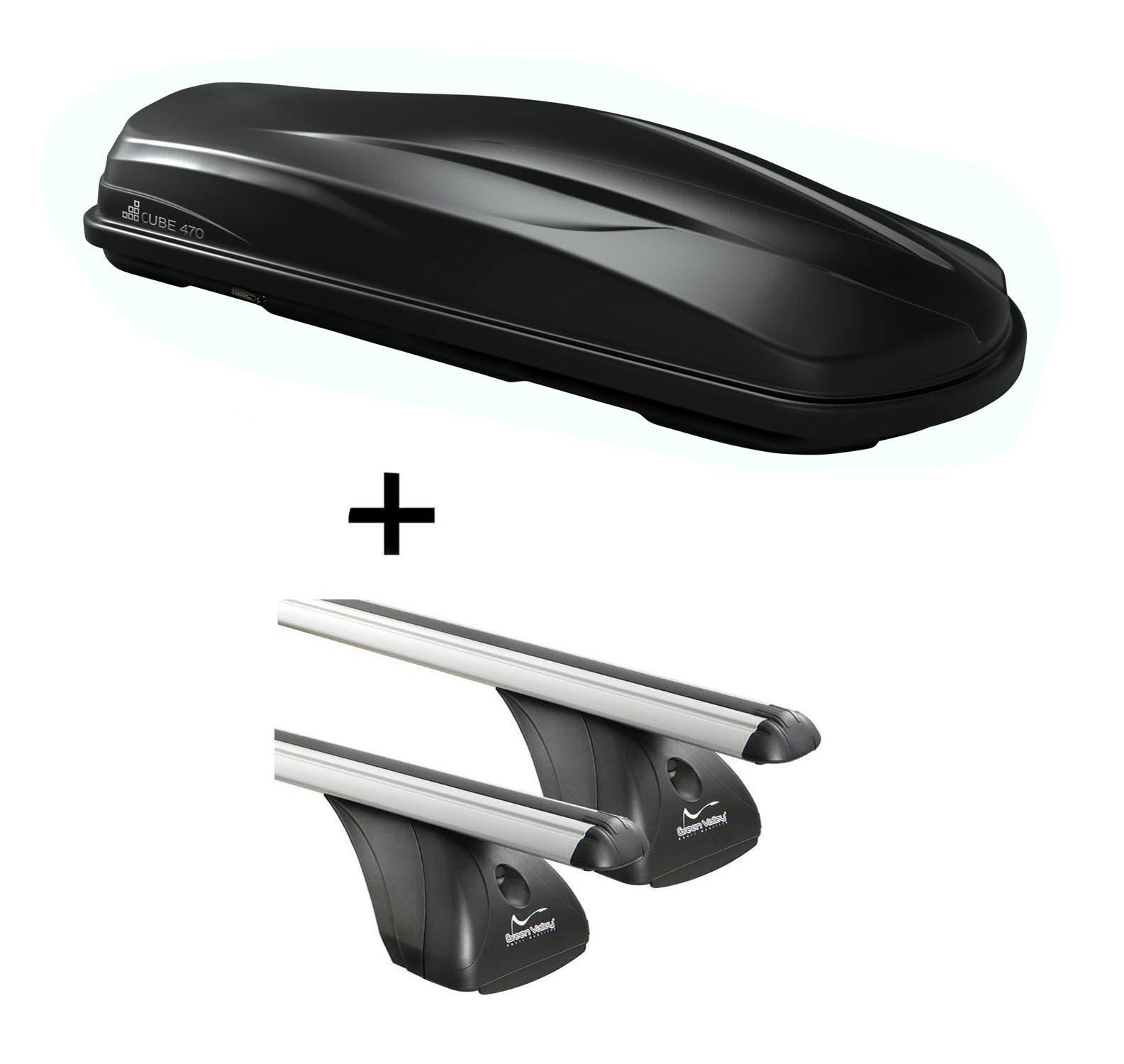 Dachbox/Gepäckbox CUBE470 + Dachträger VDP kompatibel mit für Peugeot 207 3-5 Türer 2006-2015