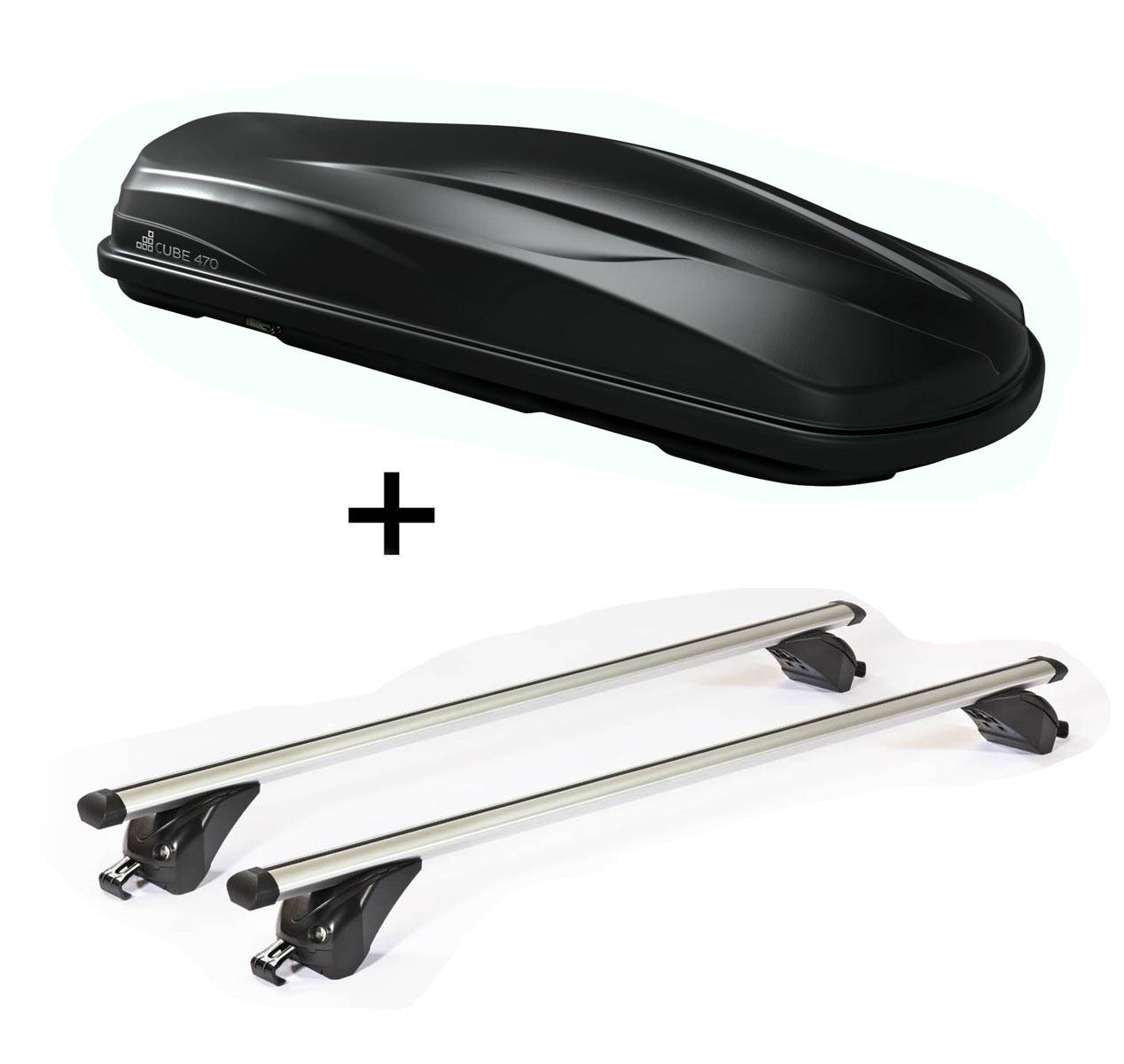 Dachbox/Gepäckbox CUBE470 + Dachträger/Relingträger KING1 112 cm kompatibel mit für Audi Q3 (8U) (5 Türer) ab 11