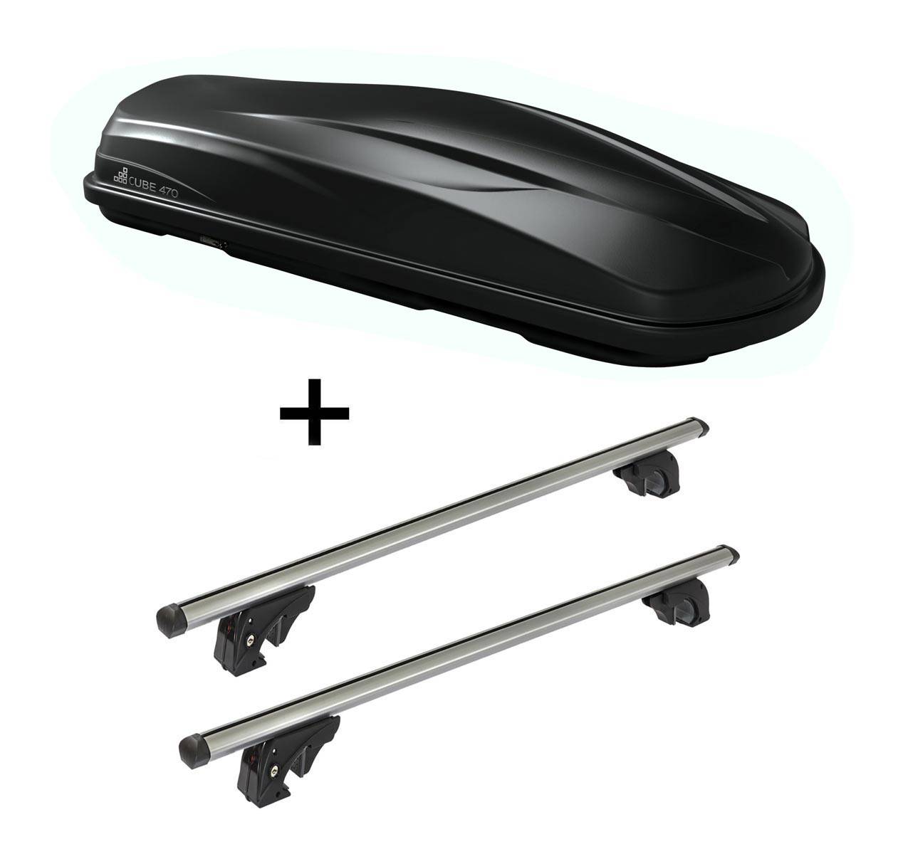 Dachbox/Gepäckbox CUBE470 + Dachträger/Relingträger VDPLION1 kompatibel mit für VW Golf VI (5K) Variant (5 Türer) 10-13