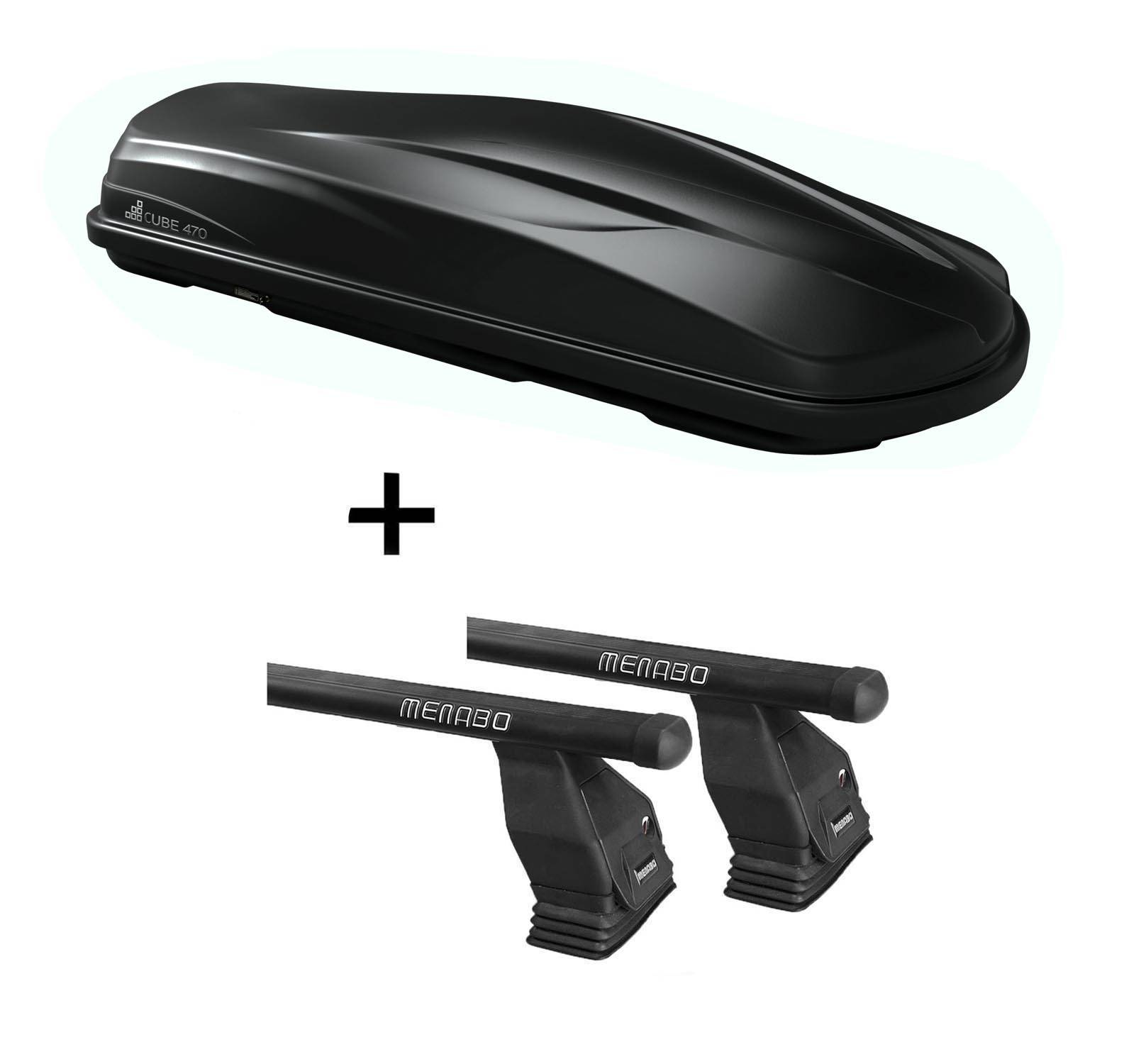 Dachbox/Gepäckbox CUBE470 + Dachträger Menabo Tema Stahl kompatibel mit für BMW 1er E81 2008-2011