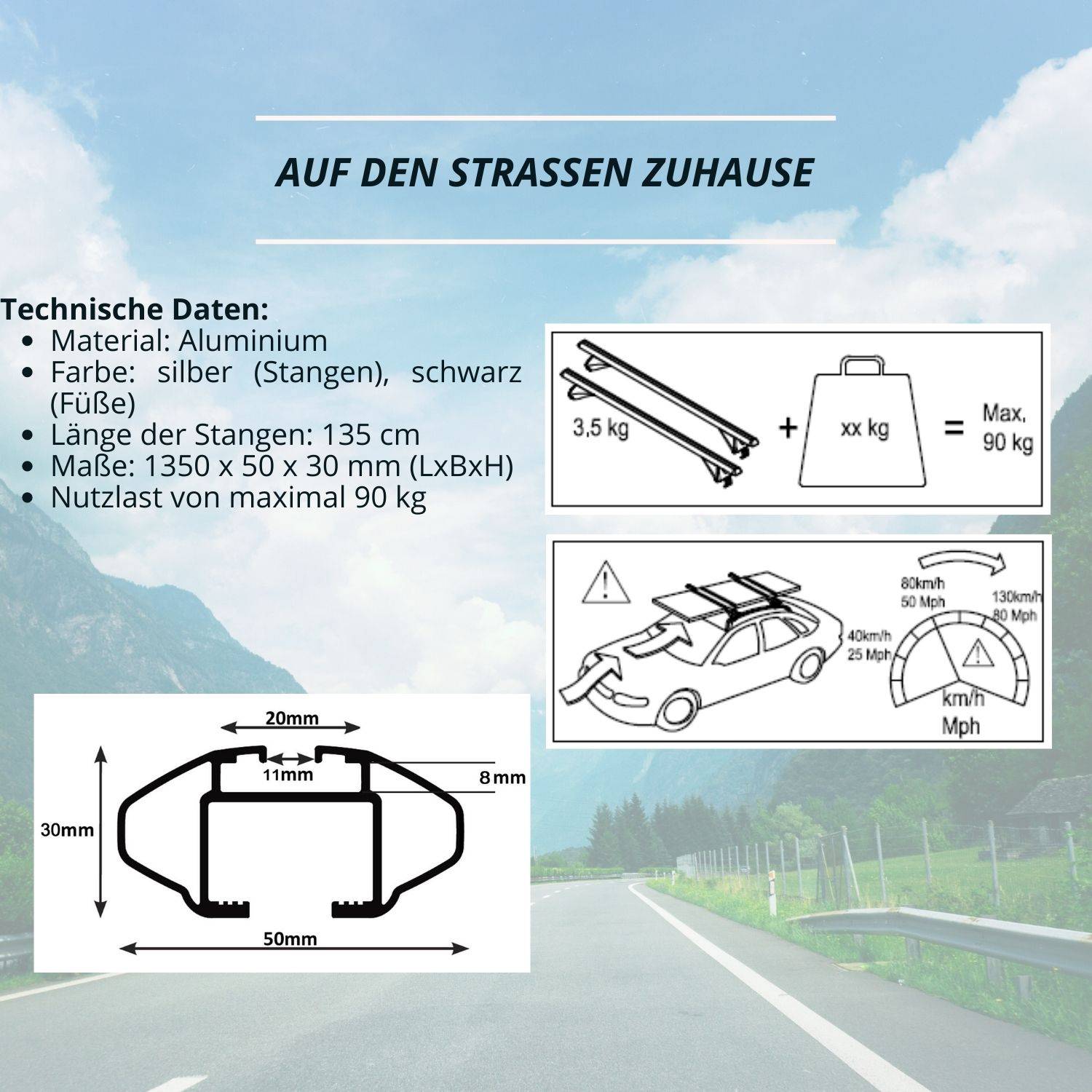 Dachträger - Relingträger - Dachgepäckträger - Querträger Dachreling - Relingträger universal - VDP-R003 - Aluminium - 135cm - 90kg - für bünd