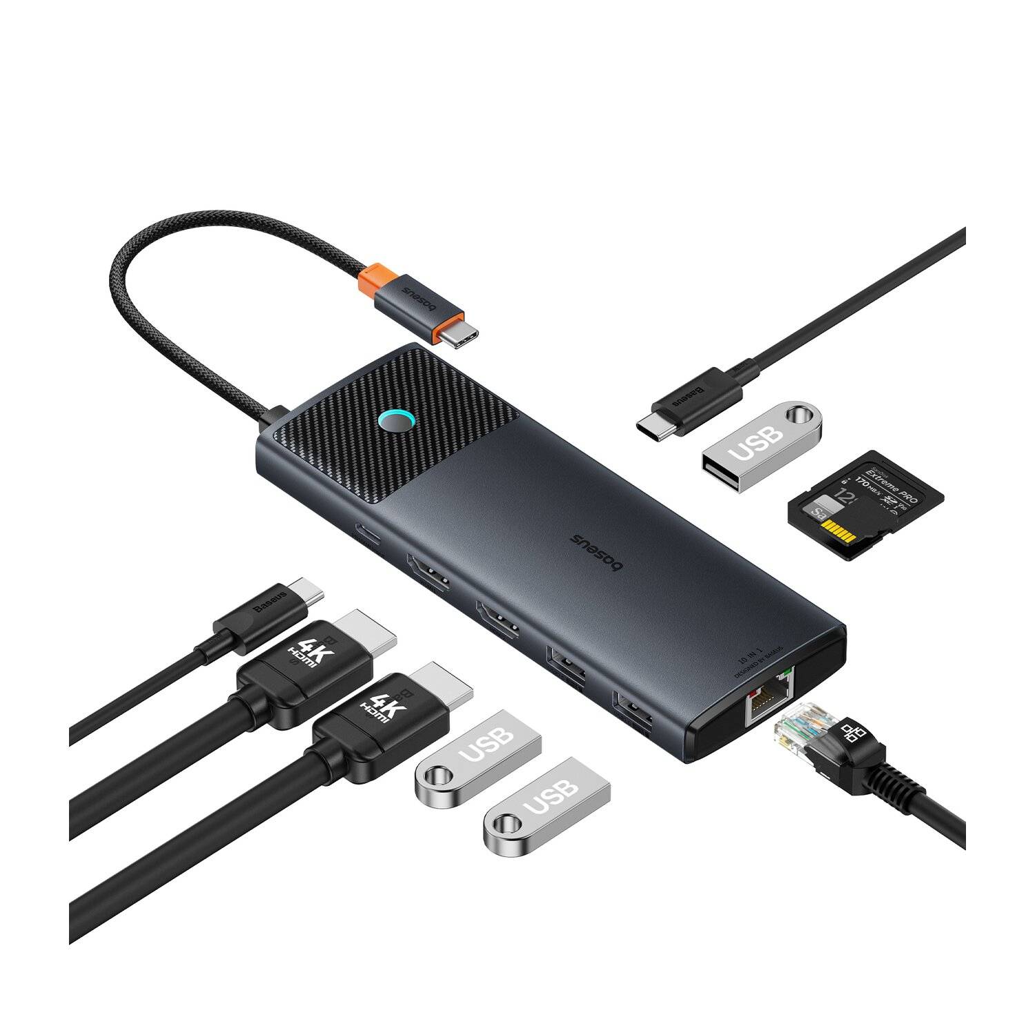 HUB 10in1 Baseus Metal Gleam Series USB-C zu USB-C PD / USB-C / 3x USB-A / 2x HDMI / RJ-45 / SD / TF - Schwarz