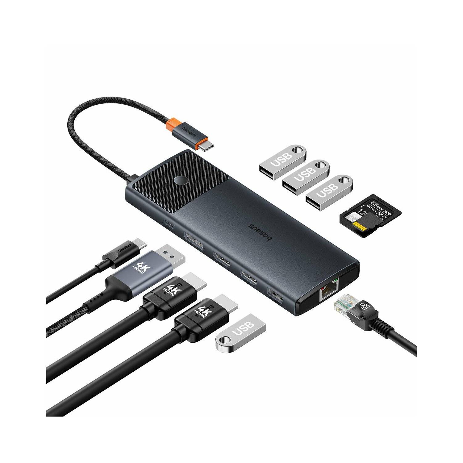 USB-HUB 11in1 Baseus Metal Gleam Series II USB-A/USB-C PD/HDMI/DP/RJ45/SD/TF – schwarz