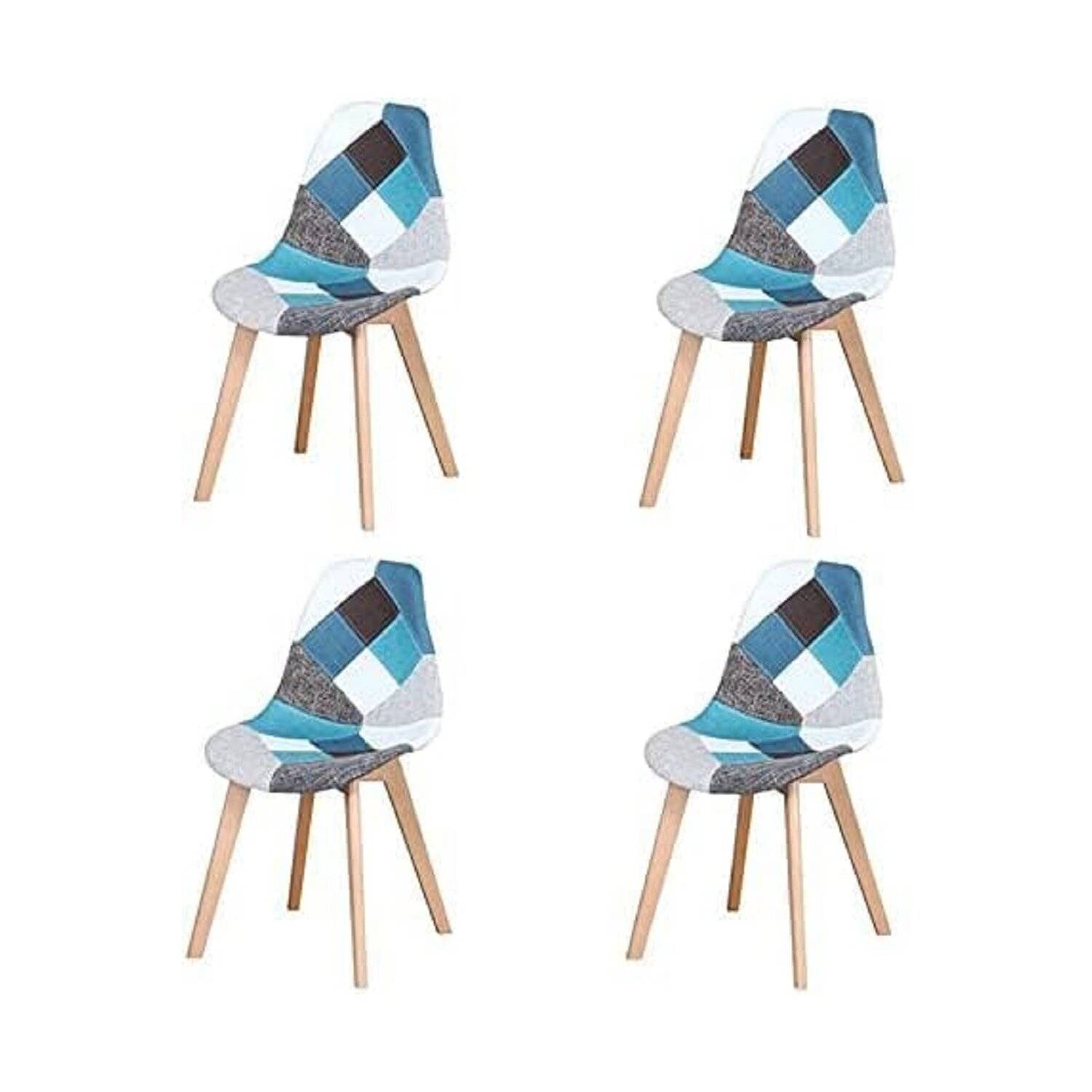 4 Esszimmerstühlen, Mehrfarbiger Patchwork-Esszimmerstuhl, Stoffstuhl mit Massivholzbeinen für Esszimmer (Blau)