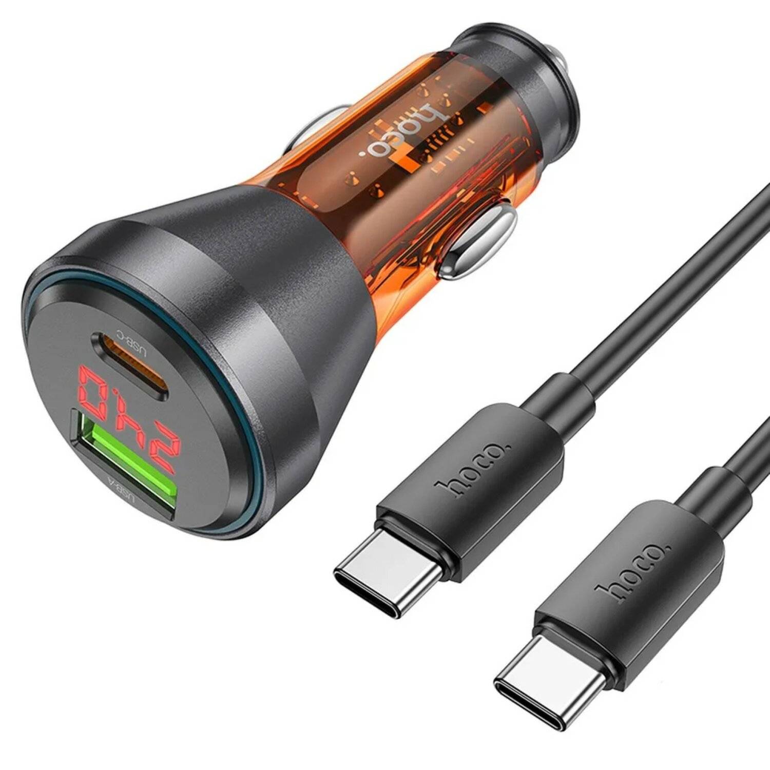 HOCO Autoladegerät USB QC 18W + Typ C 30W mit Display + Kabel Typ C auf Typ C PD48W Orange