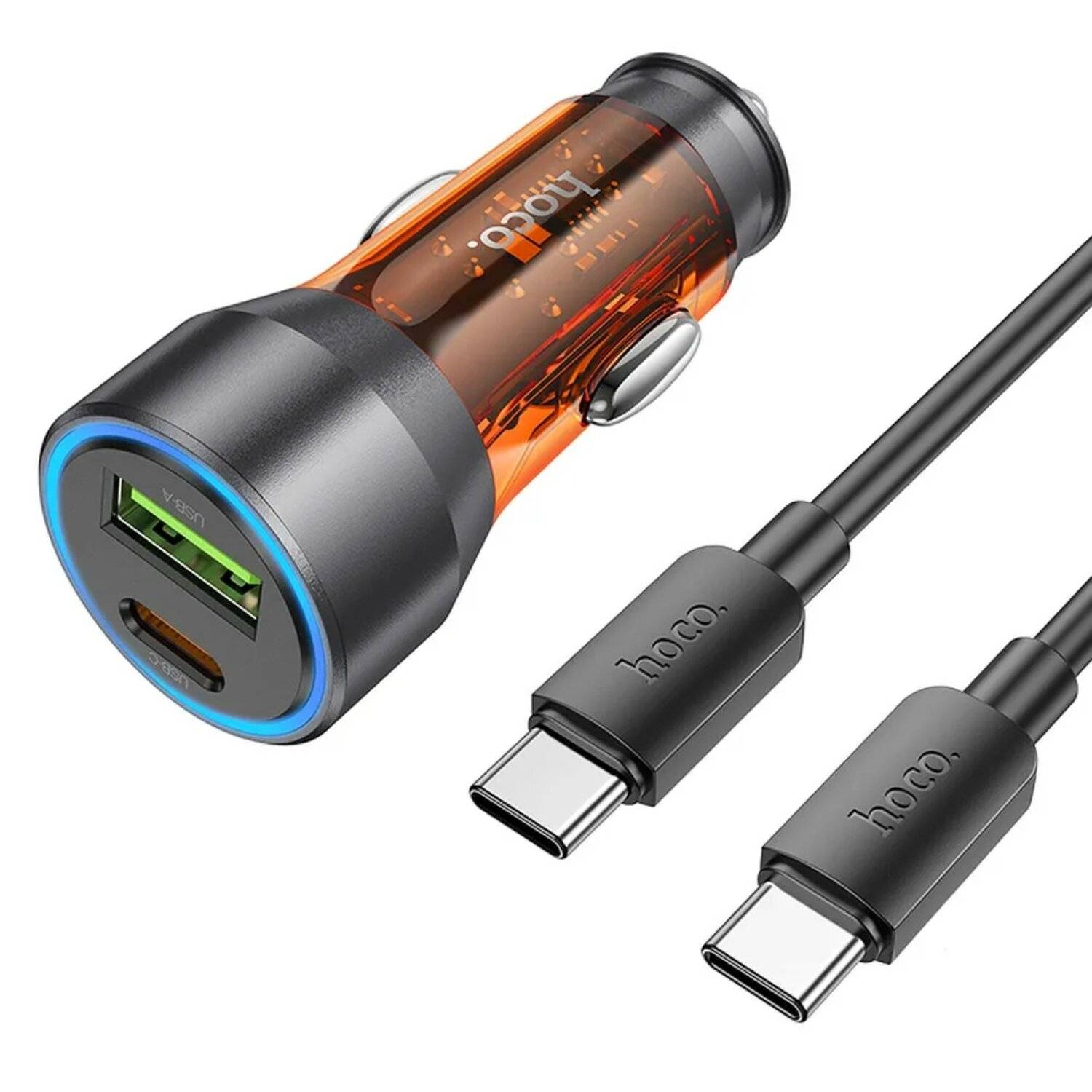 HOCO Autoladegerät USB QC 18W + Typ C 25W + Kabel Typ C auf Typ C PD43W NZ12A transparent orange