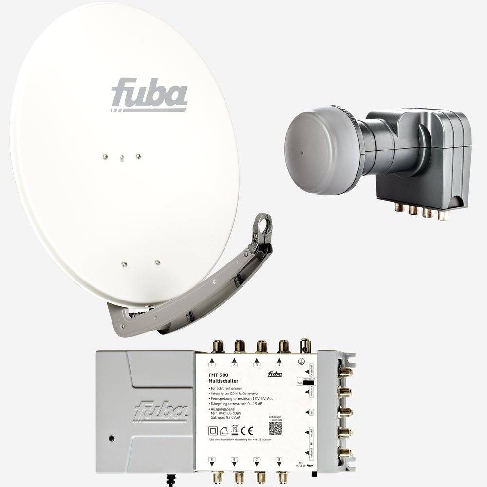 Fuba Sat Anlage 8 Teilnehmer | DAA 780 W Satellitenschüssel 80cm Alu weiß (Testergebnis: ausgezeichnet)* + Fuba Quattro LNB + Fuba Sat Multischalter