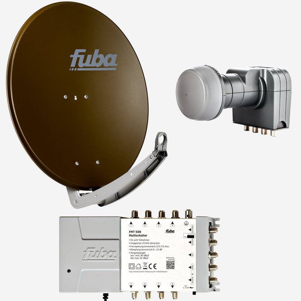 Fuba Sat Anlage 8 Teilnehmer | DAA 780 B Satellitenschüssel 80cm Alu braun (Testergebnis: ausgezeichnet)* + Fuba Quattro LNB + Fuba Sat