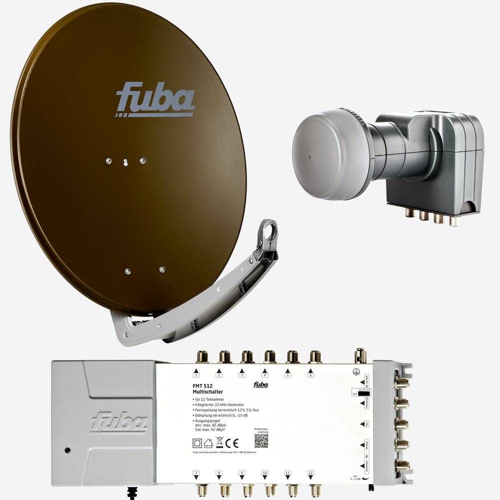 Fuba Sat Anlage 12 Teilnehmer | DAA 780 B Satellitenschüssel 80cm Alu braun (Testergebnis: ausgezeichnet)* + Fuba Quattro LNB + Fuba Sat