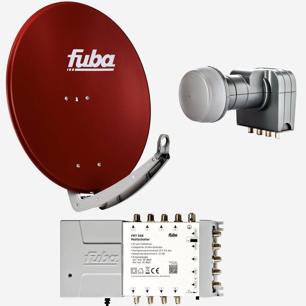 Fuba Sat Anlage 8 Teilnehmer | DAA 780 R Satellitenschüssel 80cm Alu rot (Testergebnis: ausgezeichnet)* + Fuba Quattro LNB + Fuba Sat Multischalter