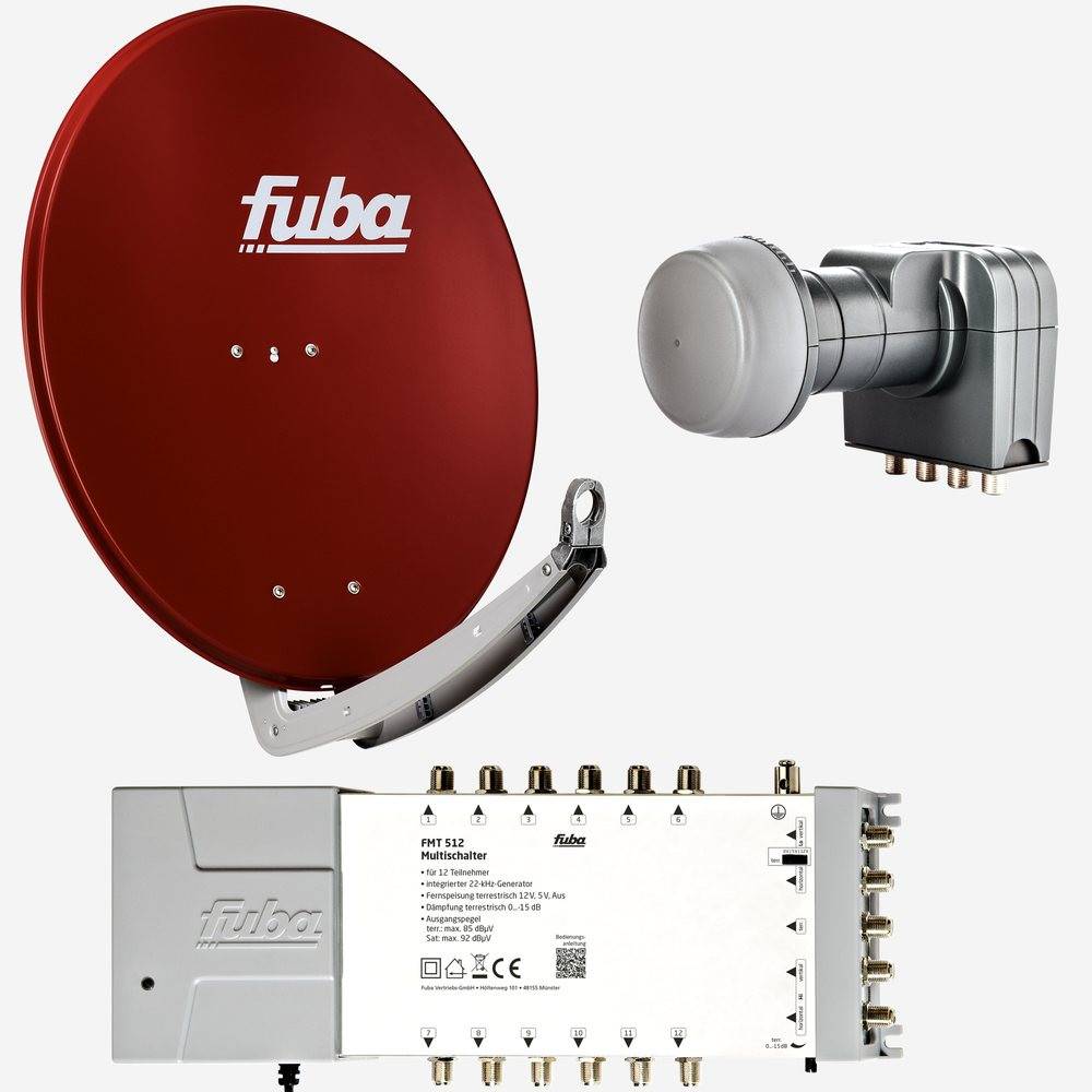 Fuba Sat Anlage 12 Teilnehmer | DAA 780 R Satellitenschüssel 80cm Alu rot (Testergebnis: ausgezeichnet)* + Fuba Quattro LNB + Fuba Sat Multischalter